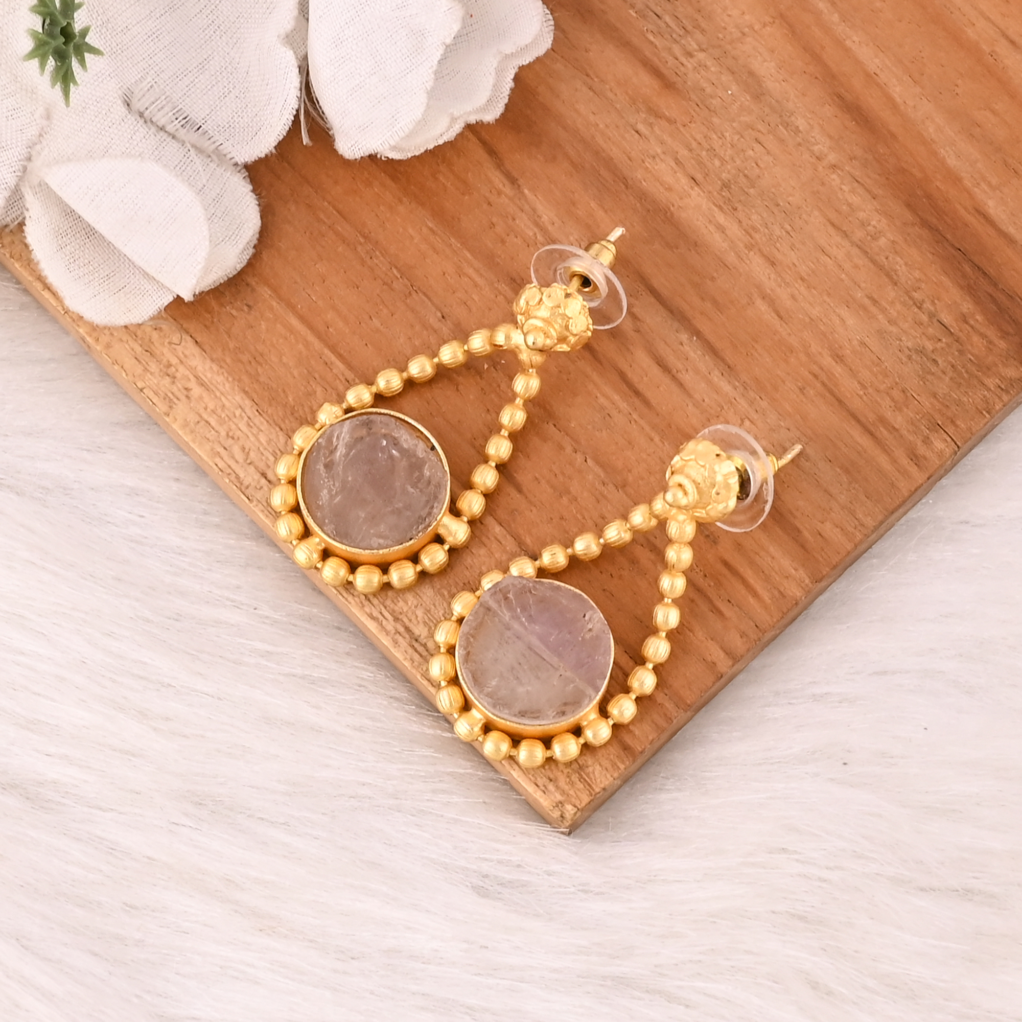 Natural Rose Quartz Brass Gold Plated Earring Handmade Gemstone Dangle Jewelry for Women