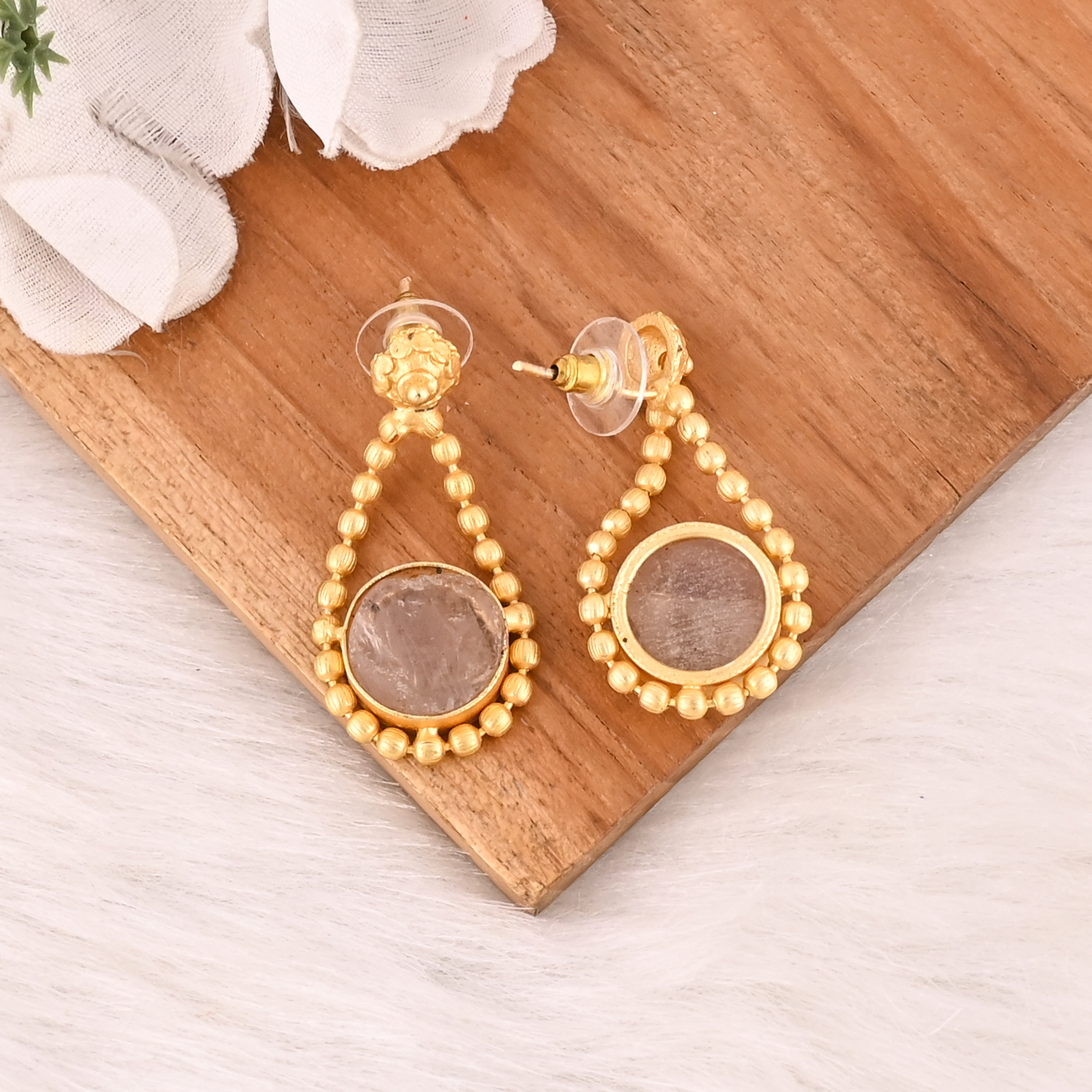 Natural Rose Quartz Brass Gold Plated Earring Handmade Gemstone Dangle Jewelry for Women