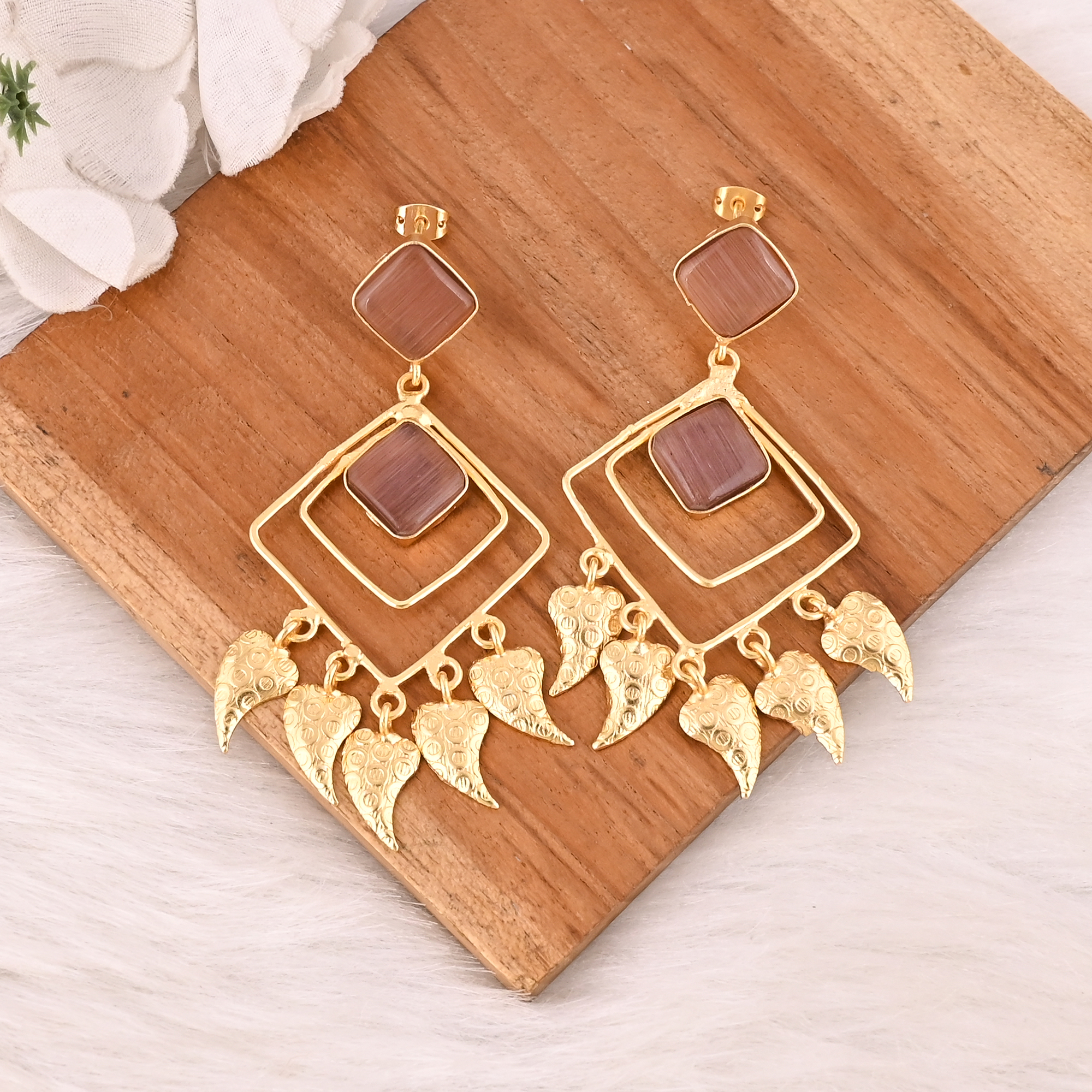 Stylish Garnet Hydro Stone Dangle Earrings Handmade Brass Jewelry for Women