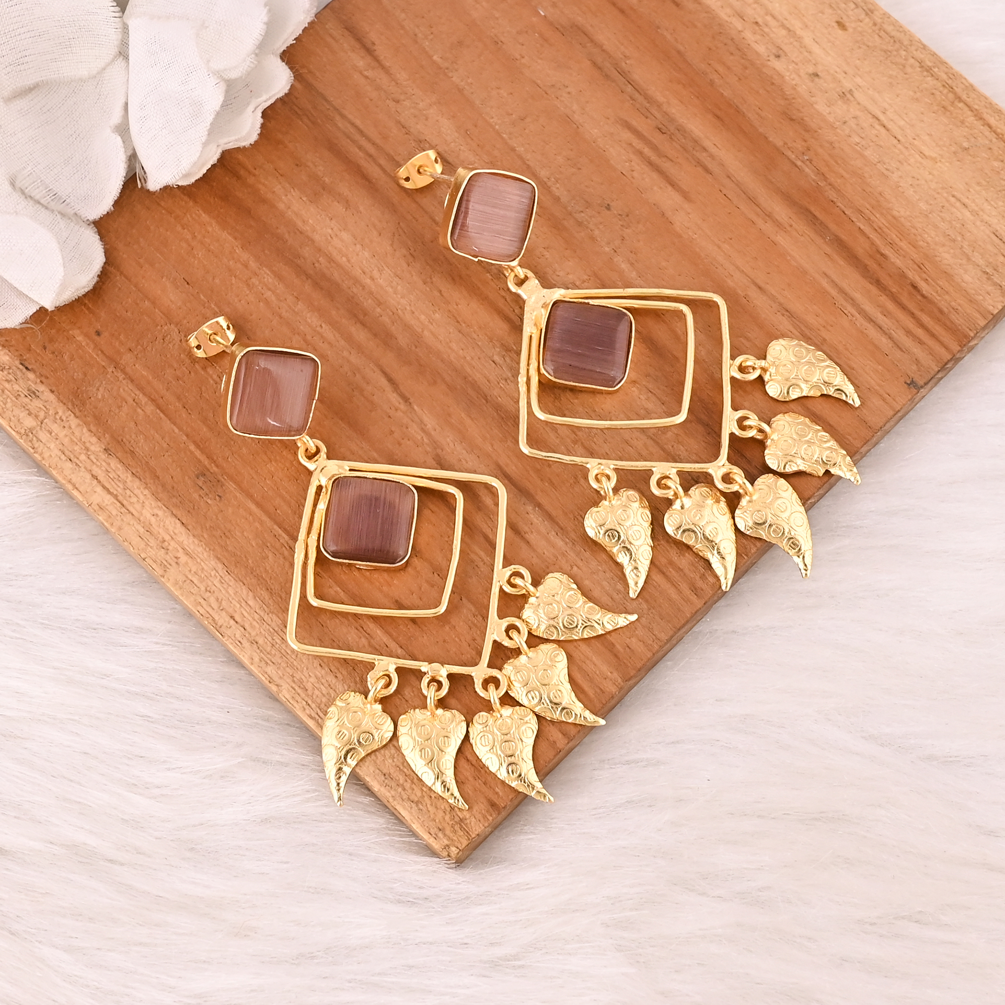 Stylish Garnet Hydro Stone Dangle Earrings Handmade Brass Jewelry for Women