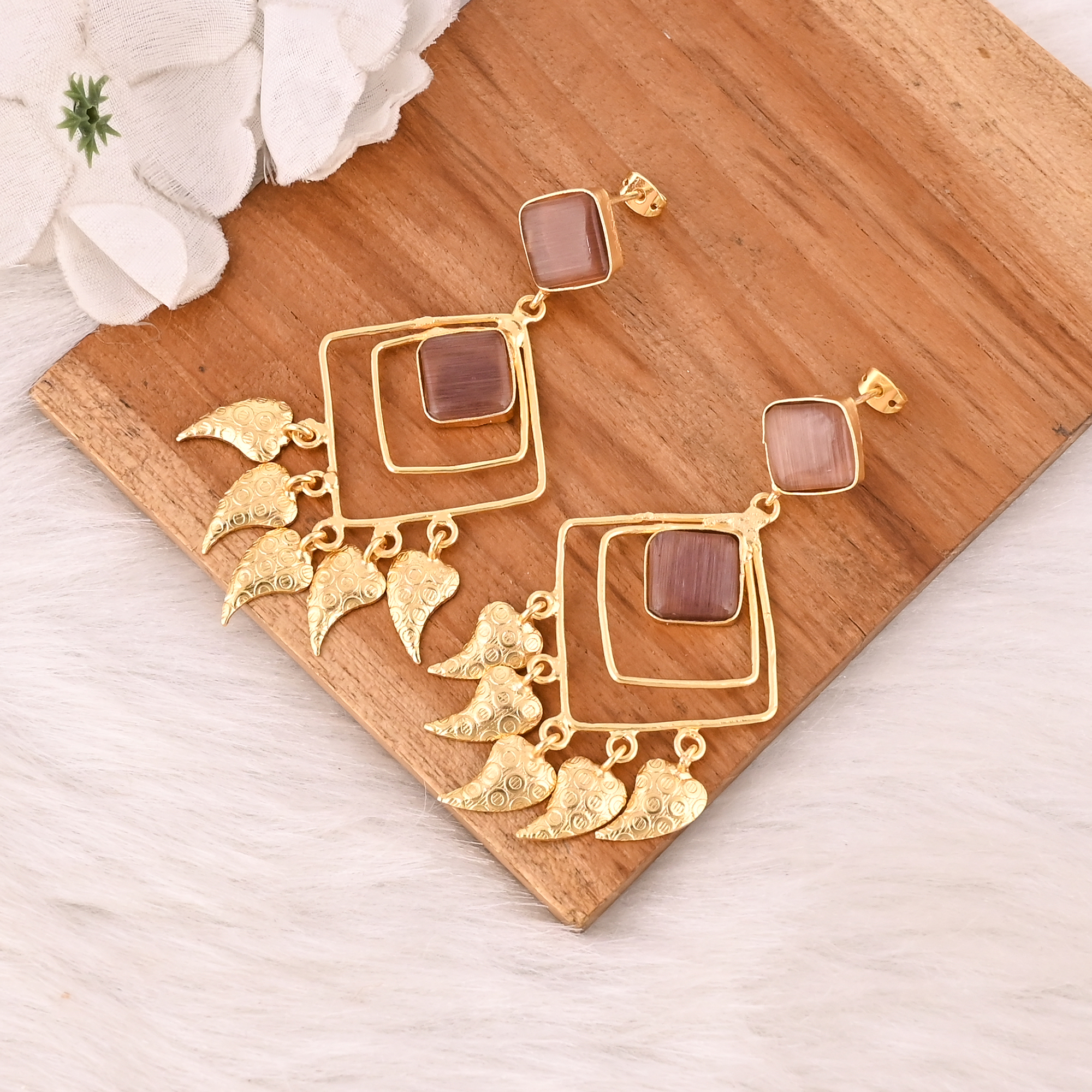 Stylish Garnet Hydro Stone Dangle Earrings Handmade Brass Jewelry for Women