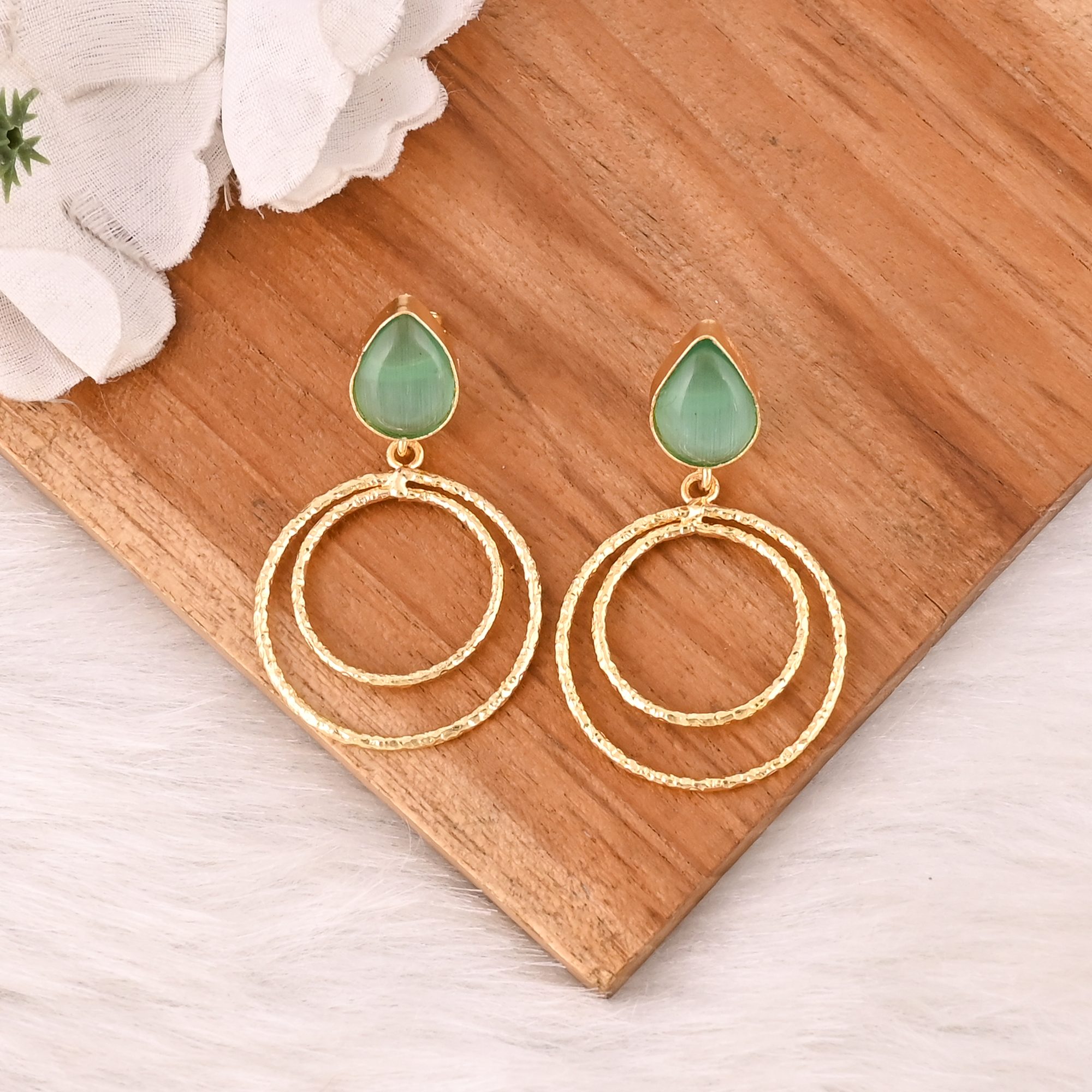 Handmade Green Cats Eye Gemstone Brass Earrings Trendy Fashion Statement Jewelry for Women
