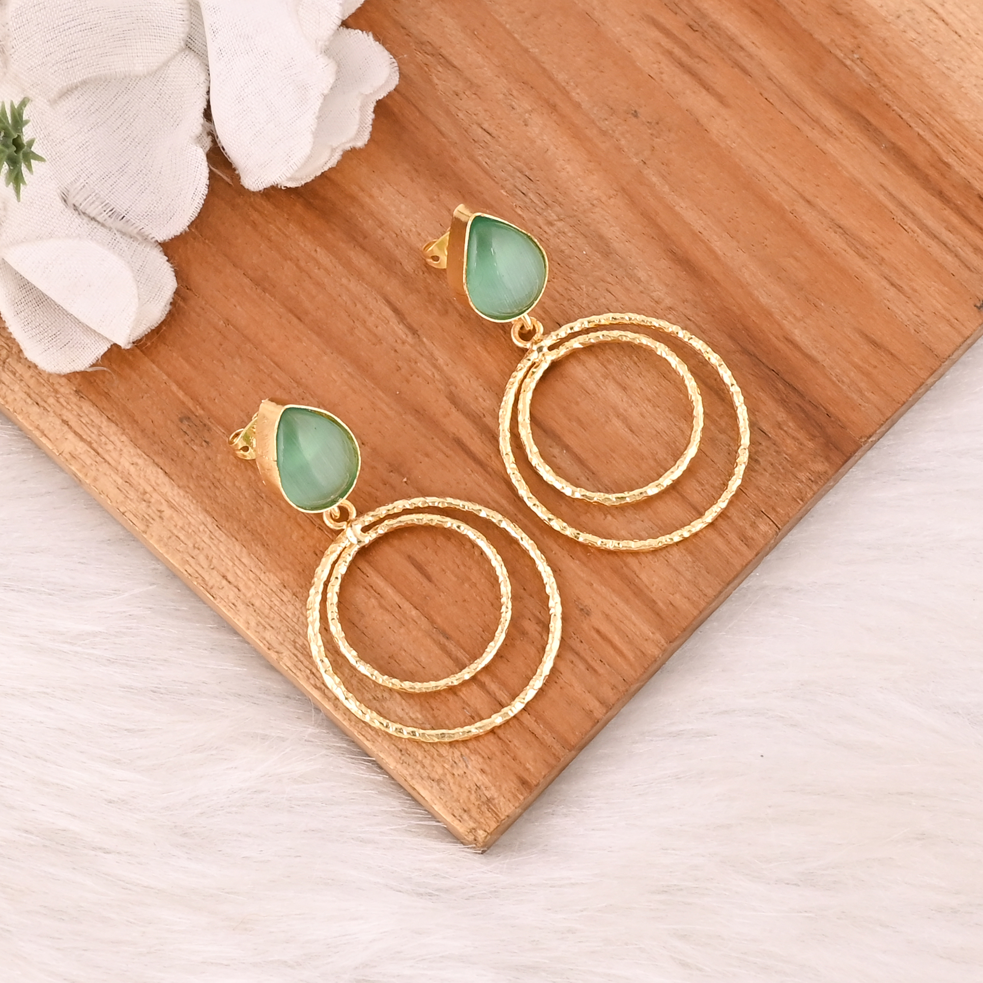 Handmade Green Cats Eye Gemstone Brass Earrings Trendy Fashion Statement Jewelry for Women