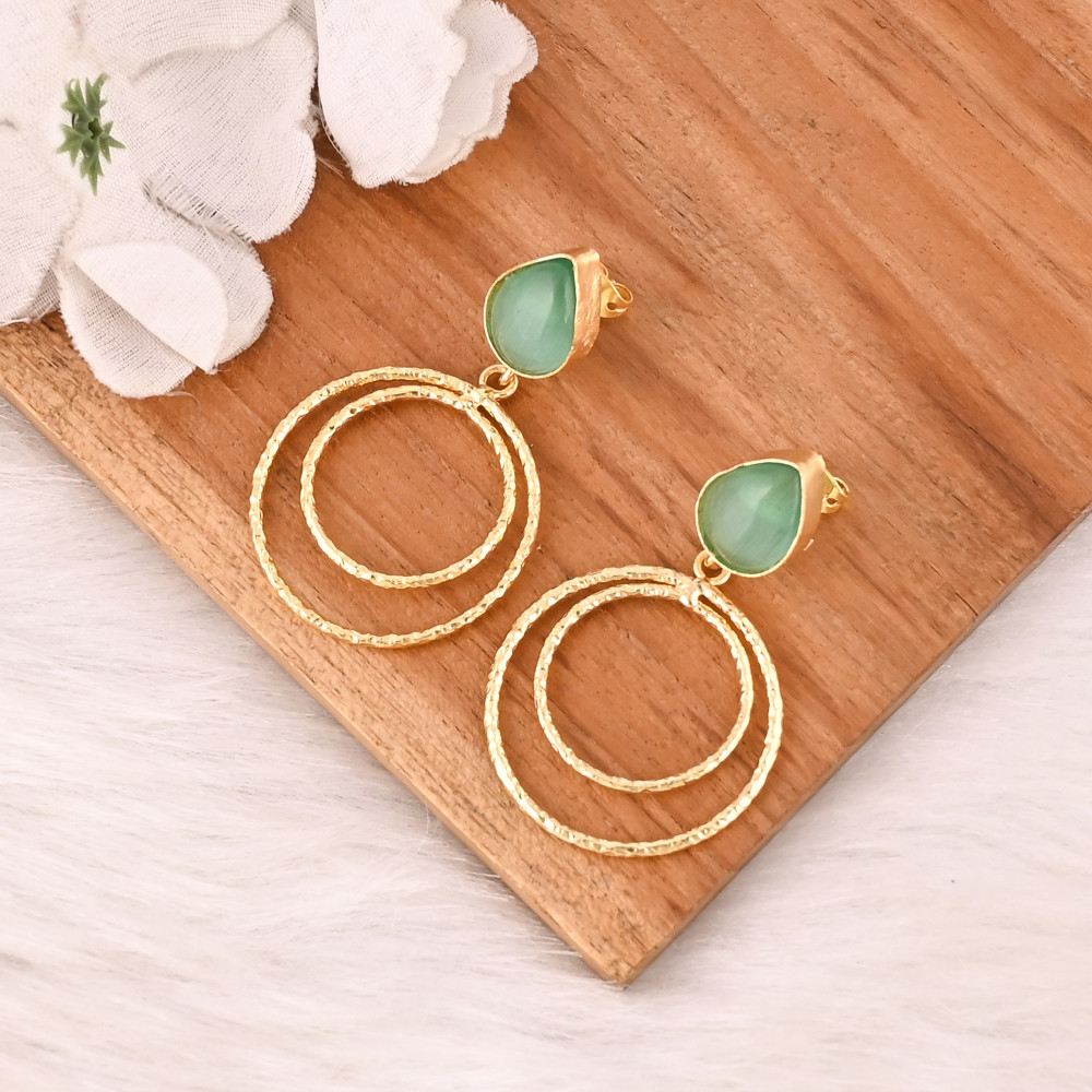 Image of Handmade Green Cat's Eye Gemstone Brass Earrings Trendy Fashion Statement Jewelry for Women