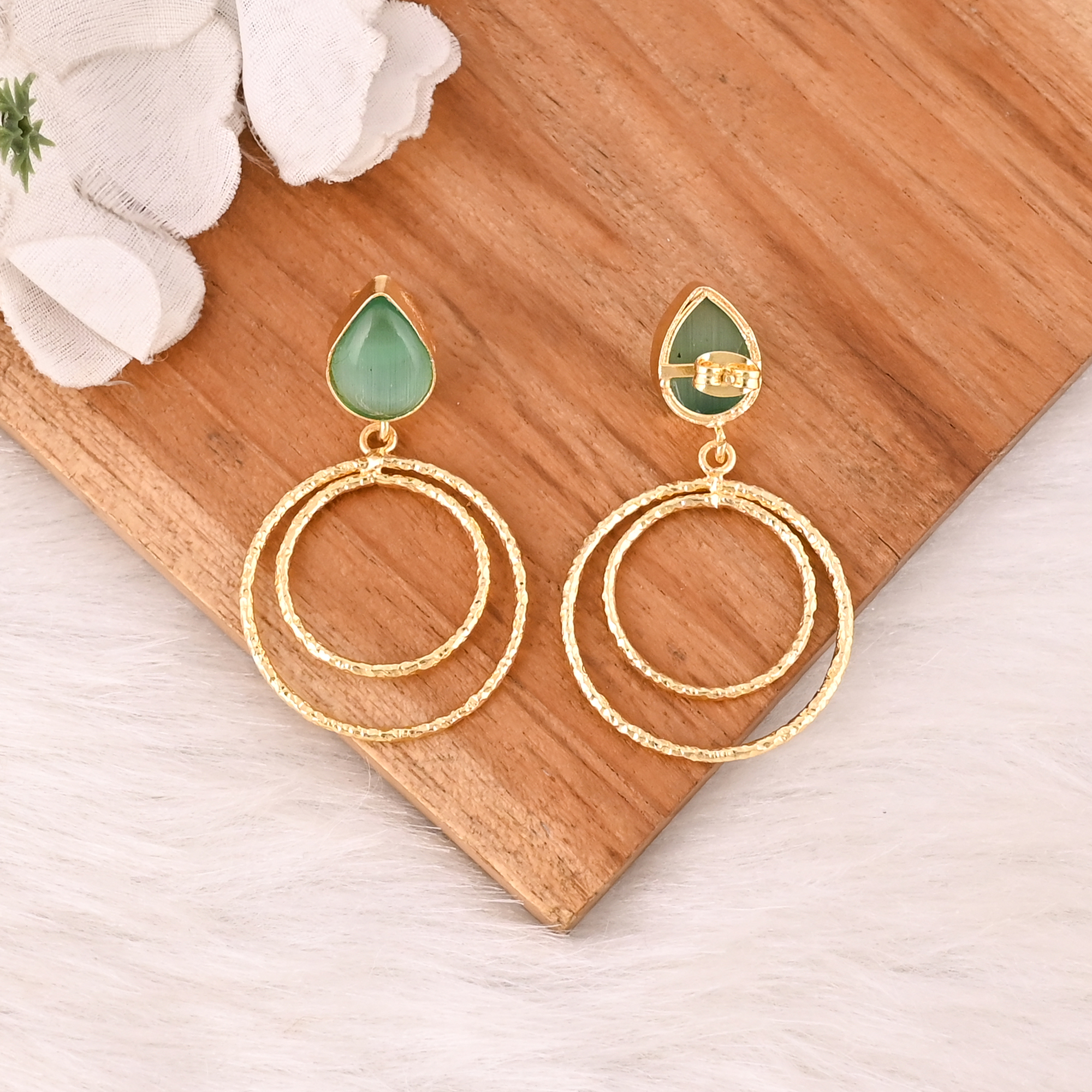 Handmade Green Cats Eye Gemstone Brass Earrings Trendy Fashion Statement Jewelry for Women