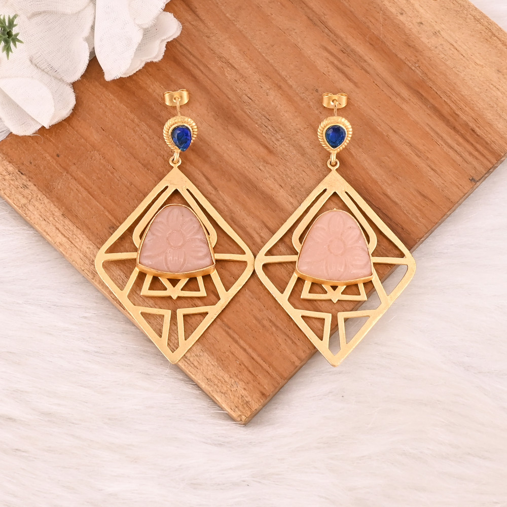 Image of Handmade Rose Chalcedony &amp; Ink Blue Gemstone Brass Earrings Fashion Jewelry for Women