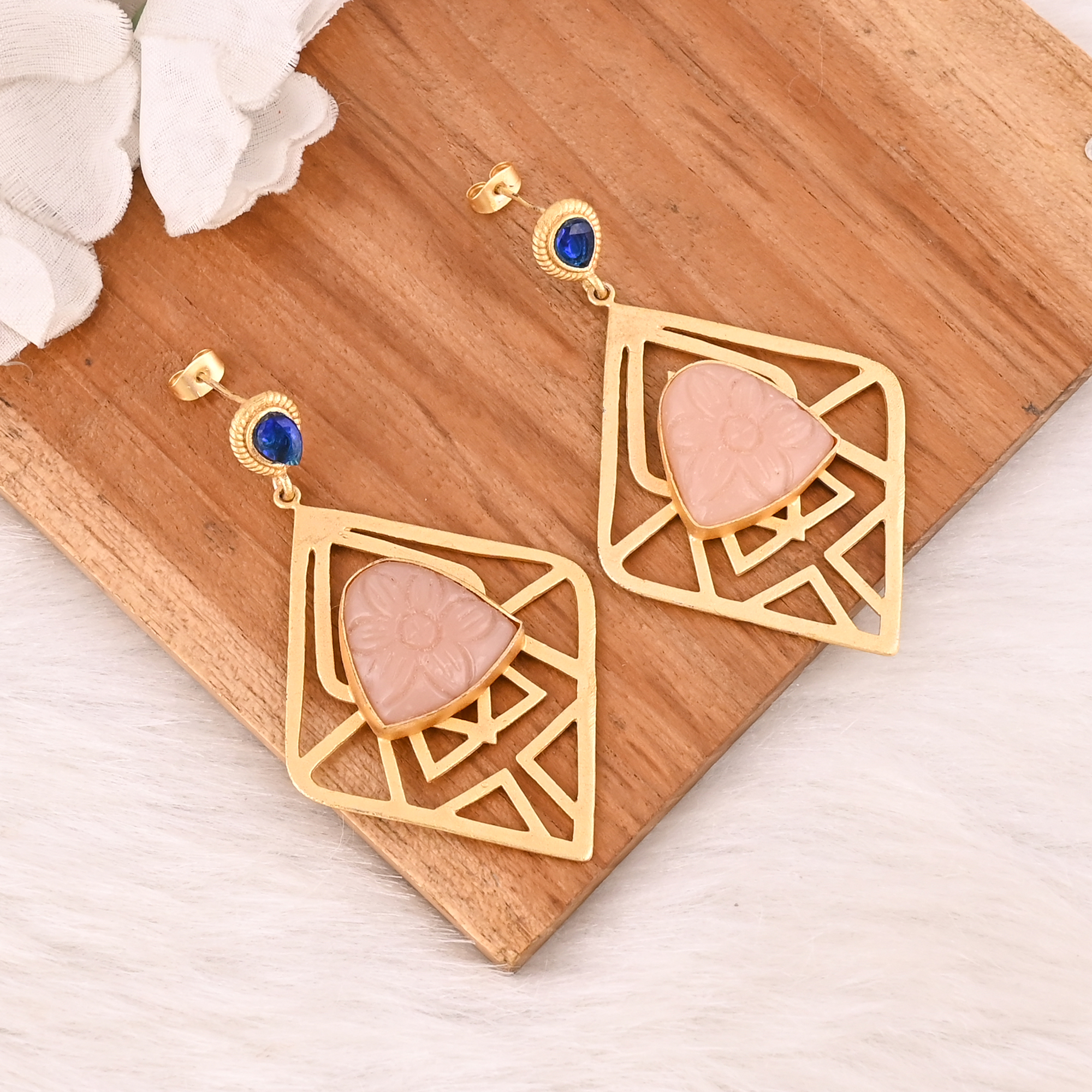 Handmade Rose Chalcedony  Ink Blue Gemstone Brass Earrings Fashion Jewelry for Women