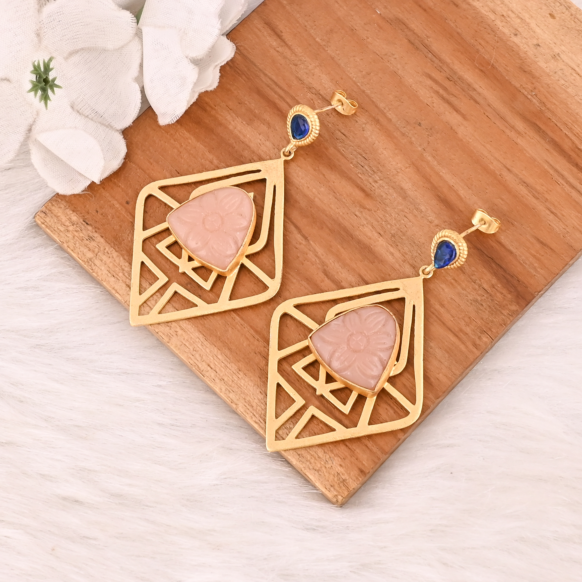 Handmade Rose Chalcedony  Ink Blue Gemstone Brass Earrings Fashion Jewelry for Women