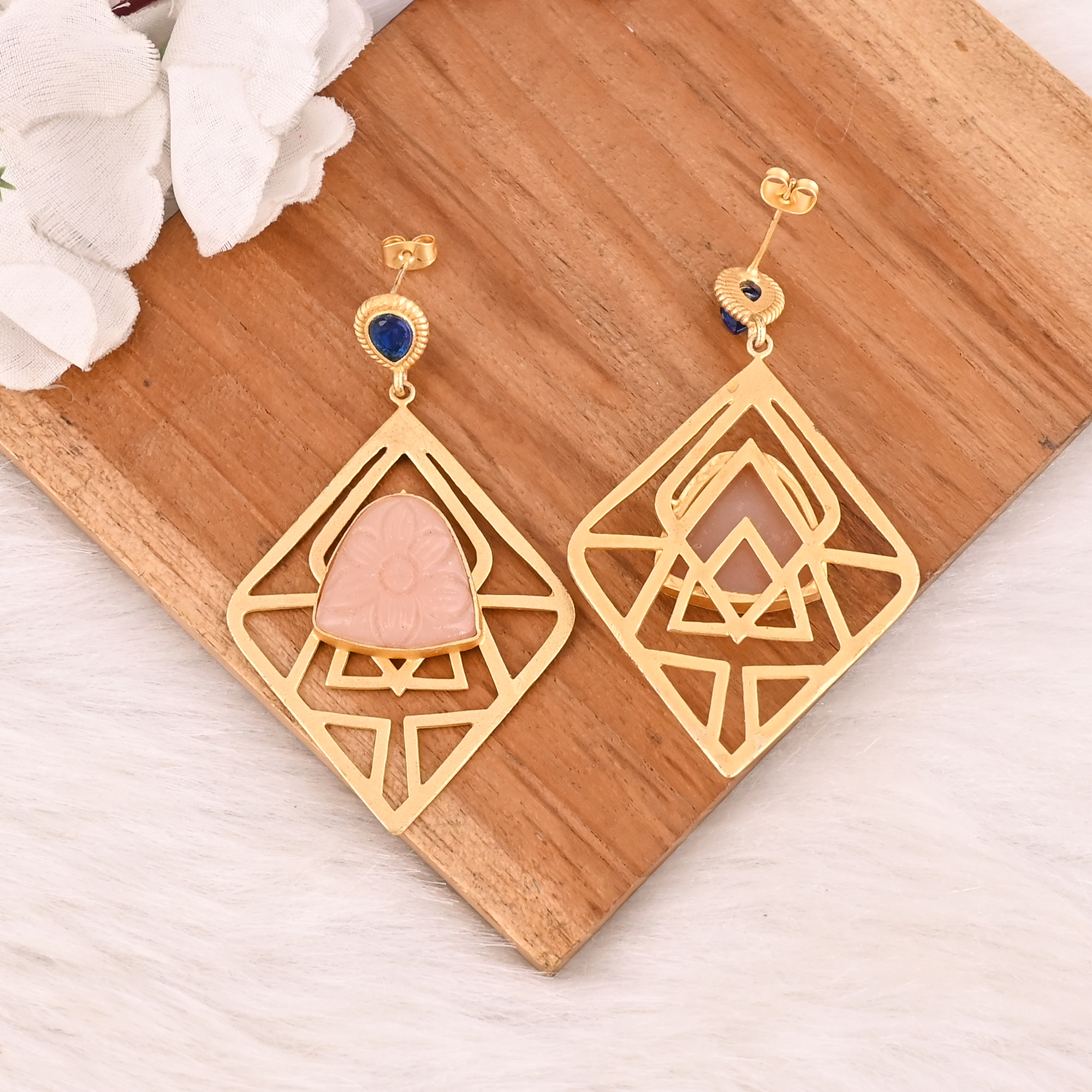 Handmade Rose Chalcedony  Ink Blue Gemstone Brass Earrings Fashion Jewelry for Women