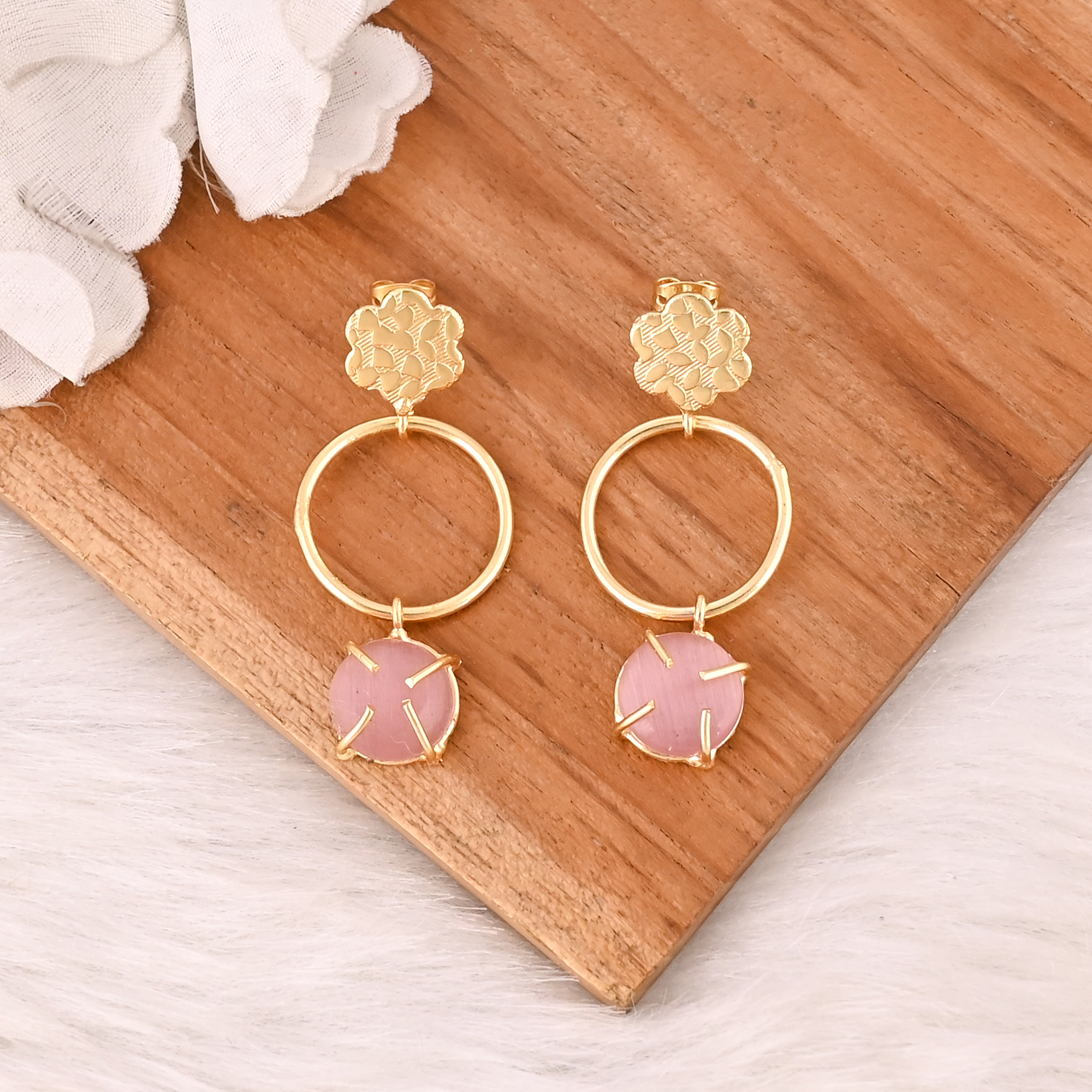 Elegant Pink Cats Eye Gemstone Earrings Designer Brass Fashion Jewelry for Women