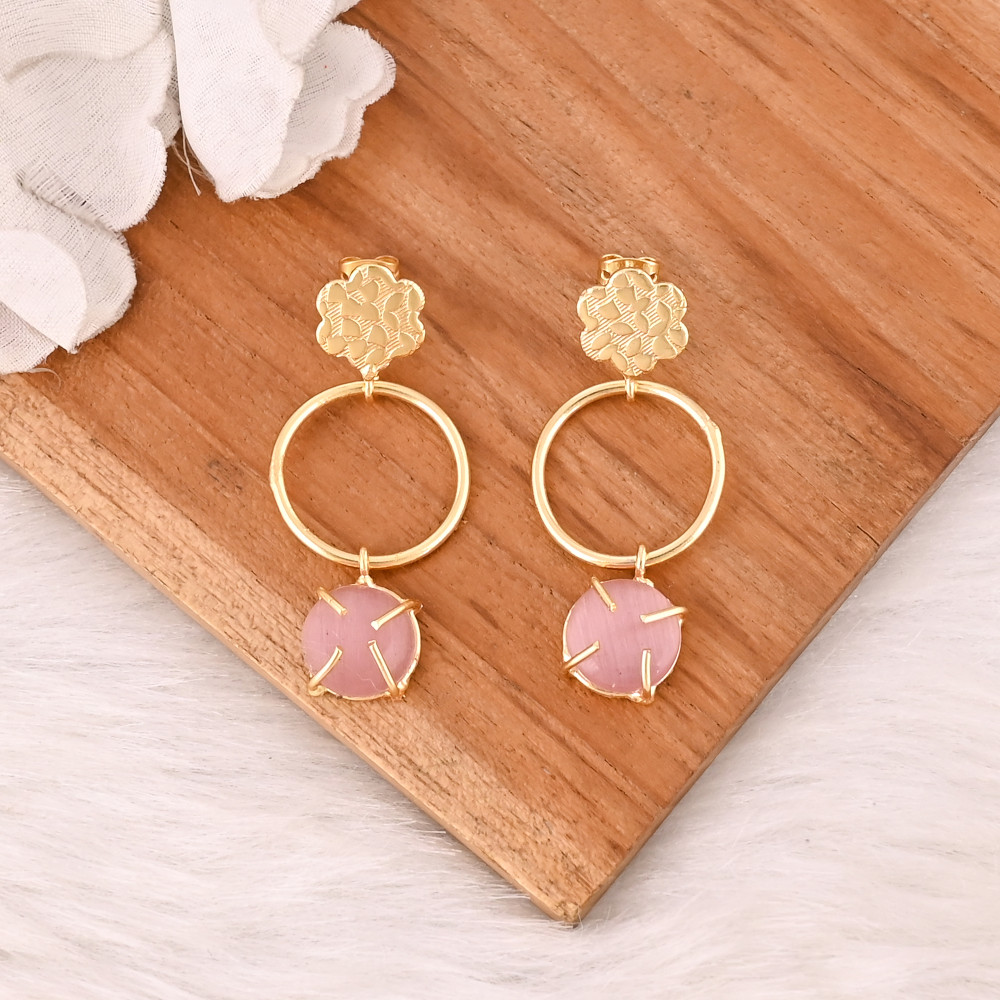 Image of Elegant Pink Cat's Eye Gemstone Earrings Designer Brass Fashion Jewelry for Women