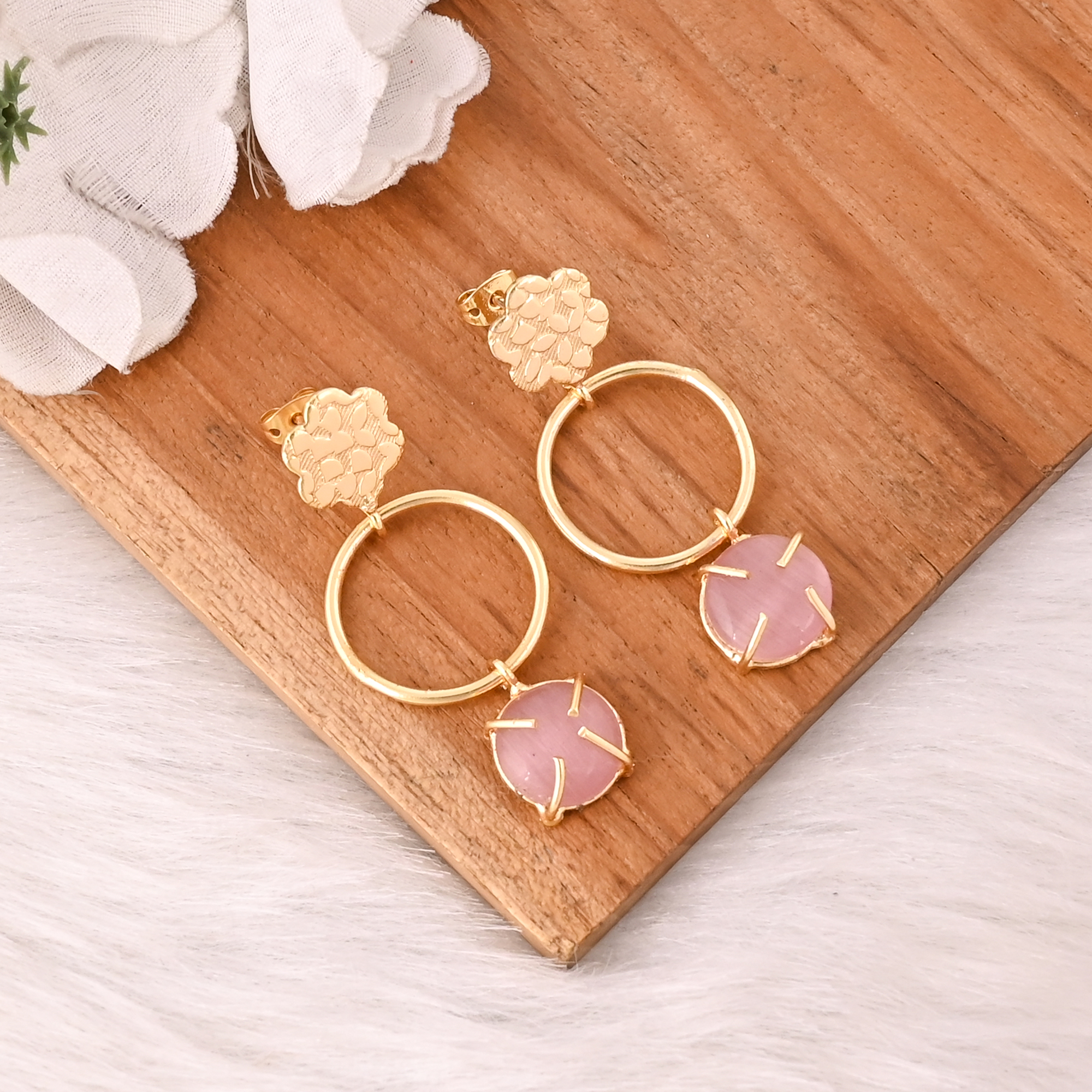 Elegant Pink Cats Eye Gemstone Earrings Designer Brass Fashion Jewelry for Women