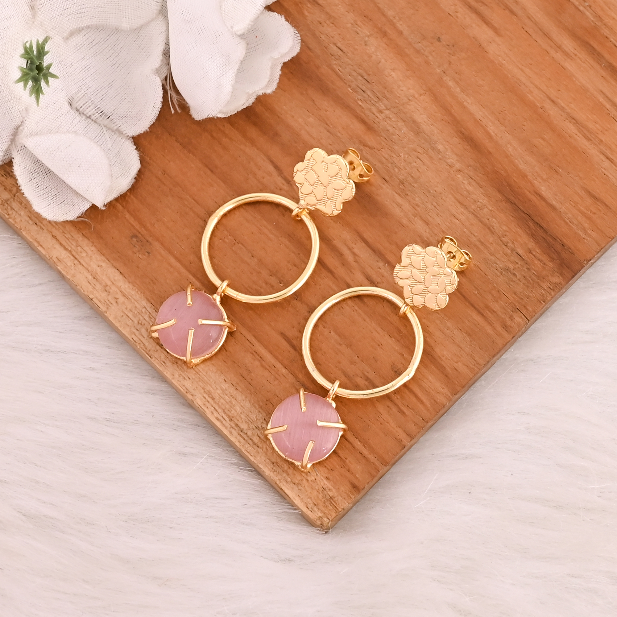 Elegant Pink Cats Eye Gemstone Earrings Designer Brass Fashion Jewelry for Women