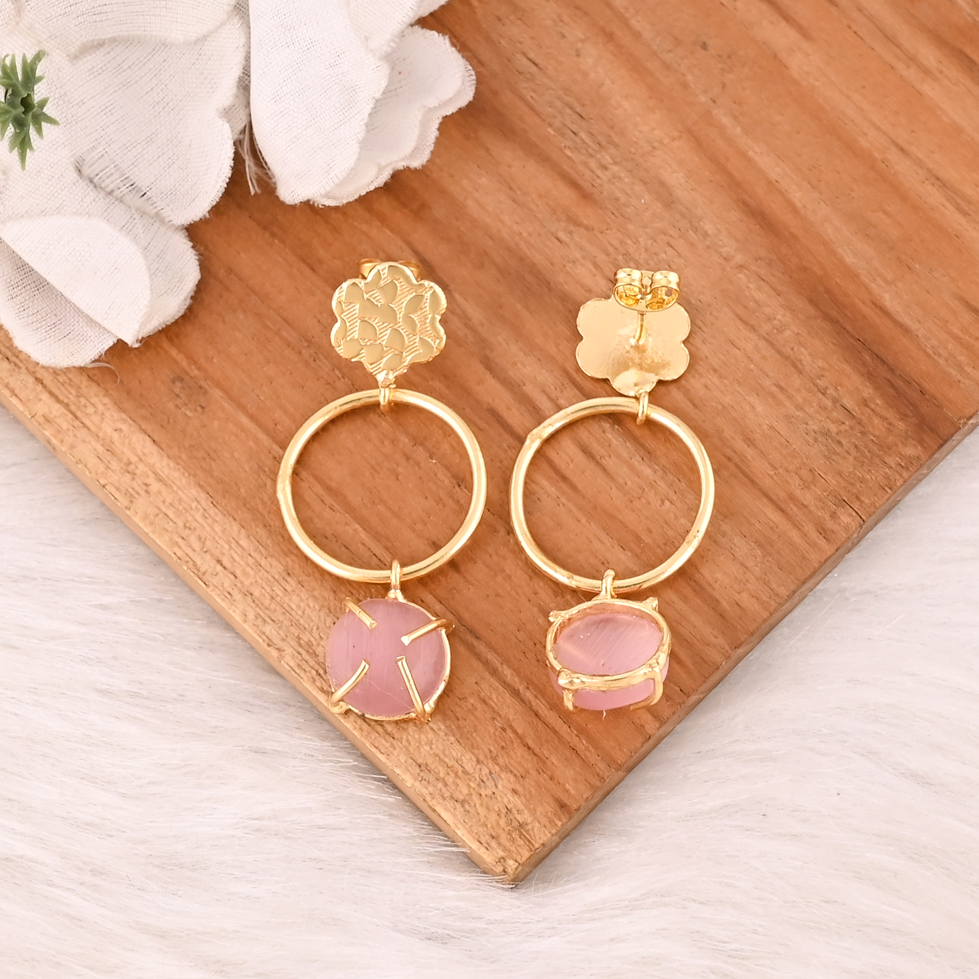 Elegant Pink Cats Eye Gemstone Earrings Designer Brass Fashion Jewelry for Women