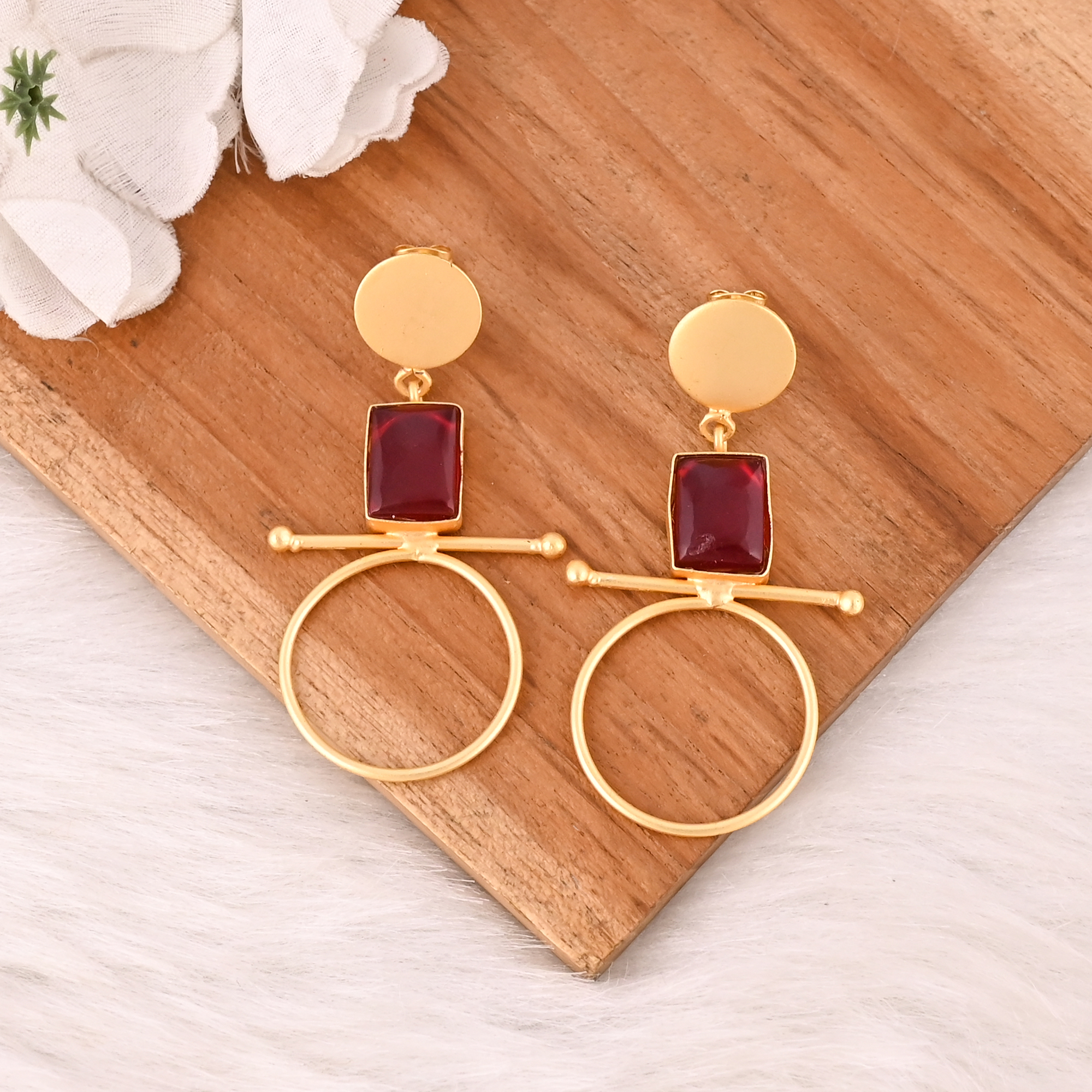 Handmade Red Hydro Gemstone Brass Dangle Earrings Gold Plated Brass Fashion Jewelry for Women