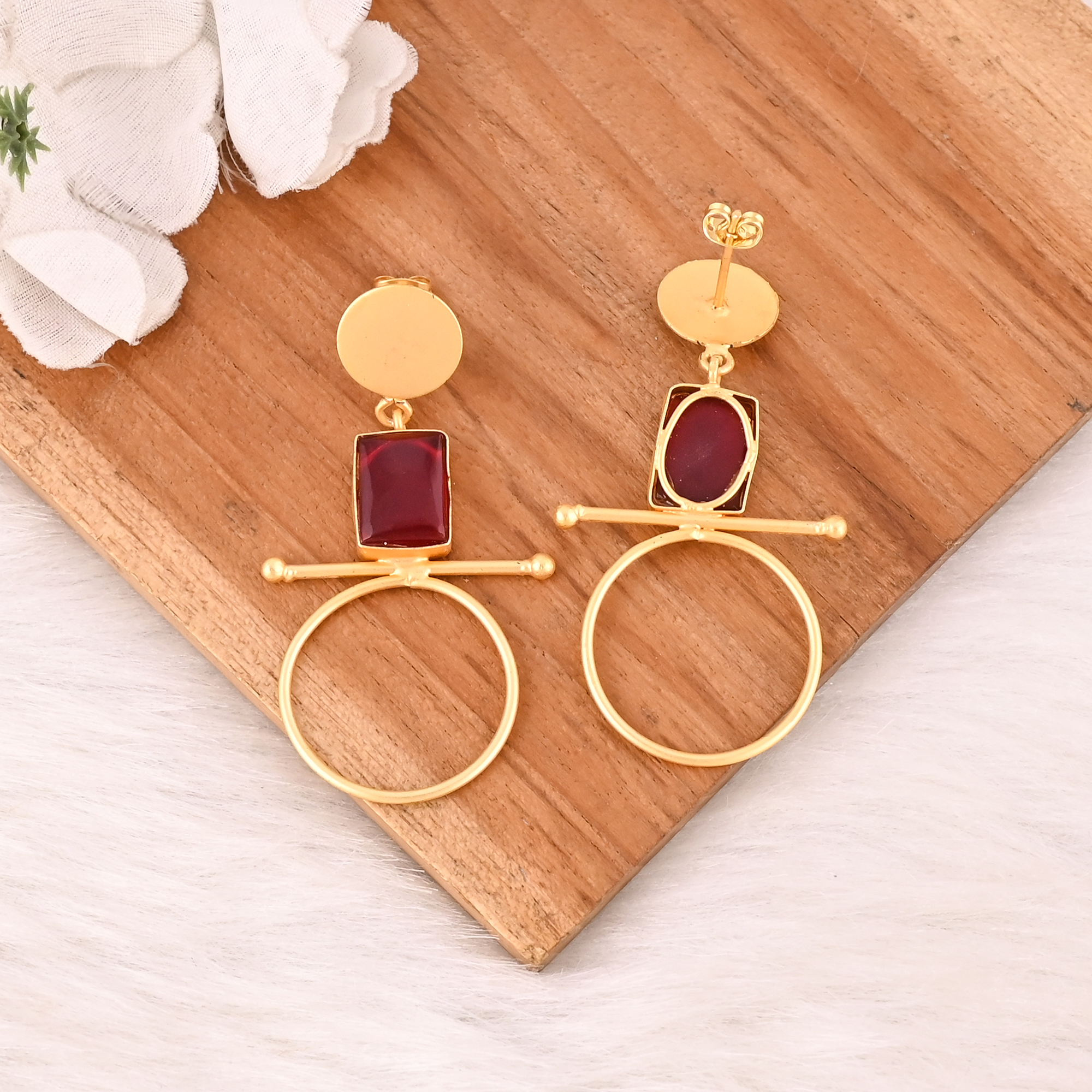 Handmade Red Hydro Gemstone Brass Dangle Earrings Gold Plated Brass Fashion Jewelry for Women