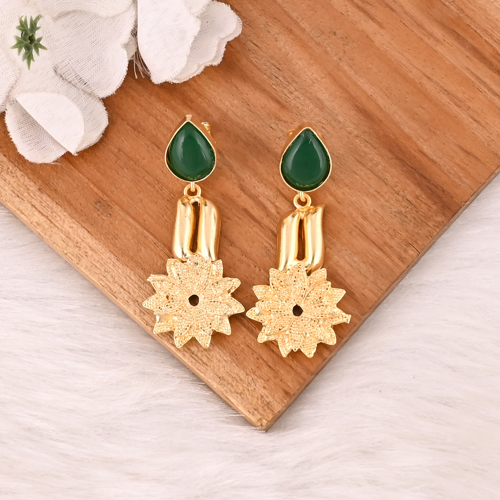 Designer Green Hydro Gemstone Gold Plated Brass Drop Earrings with Flower Design Trendy Handmade Fashion Jewelry for Women