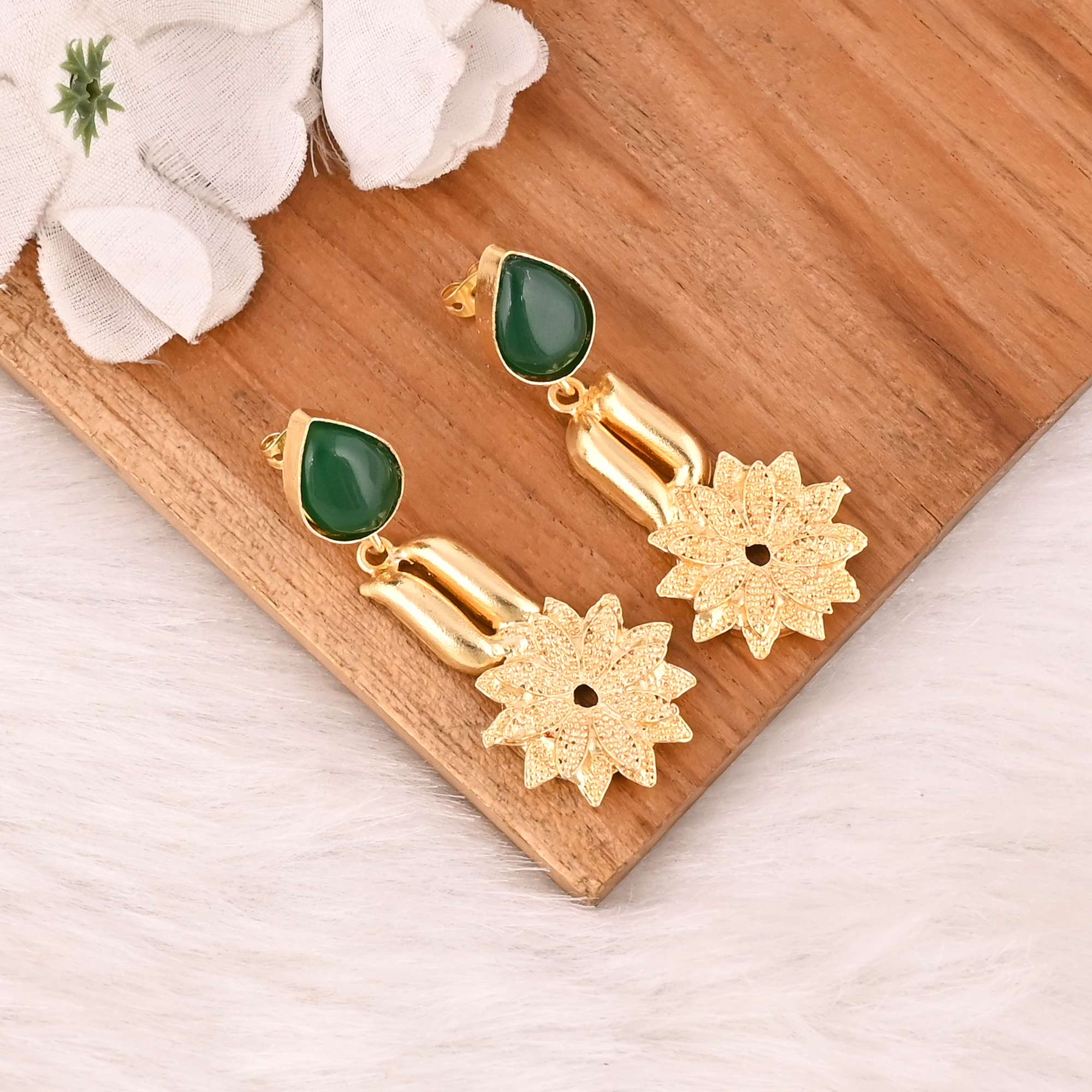 Designer Green Hydro Gemstone Gold Plated Brass Drop Earrings with Flower Design Trendy Handmade Fashion Jewelry for Women
