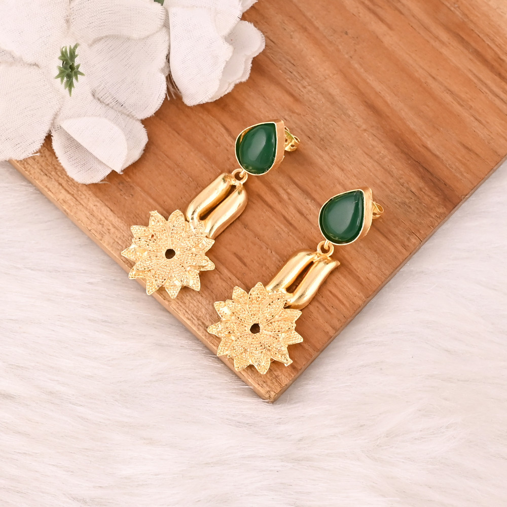 Image of Designer Green Hydro Gemstone Gold Plated Brass Drop Earrings with Flower Design Trendy Handmade Fashion Jewelry for Women