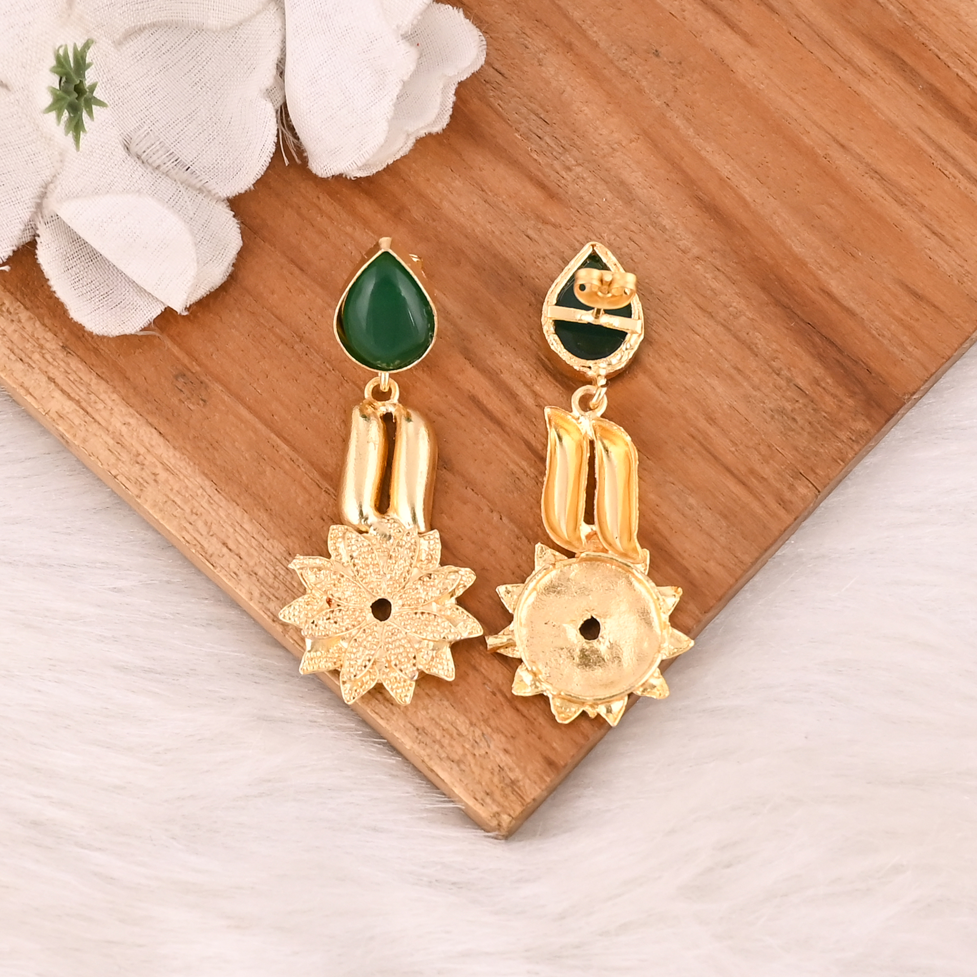 Designer Green Hydro Gemstone Gold Plated Brass Drop Earrings with Flower Design Trendy Handmade Fashion Jewelry for Women