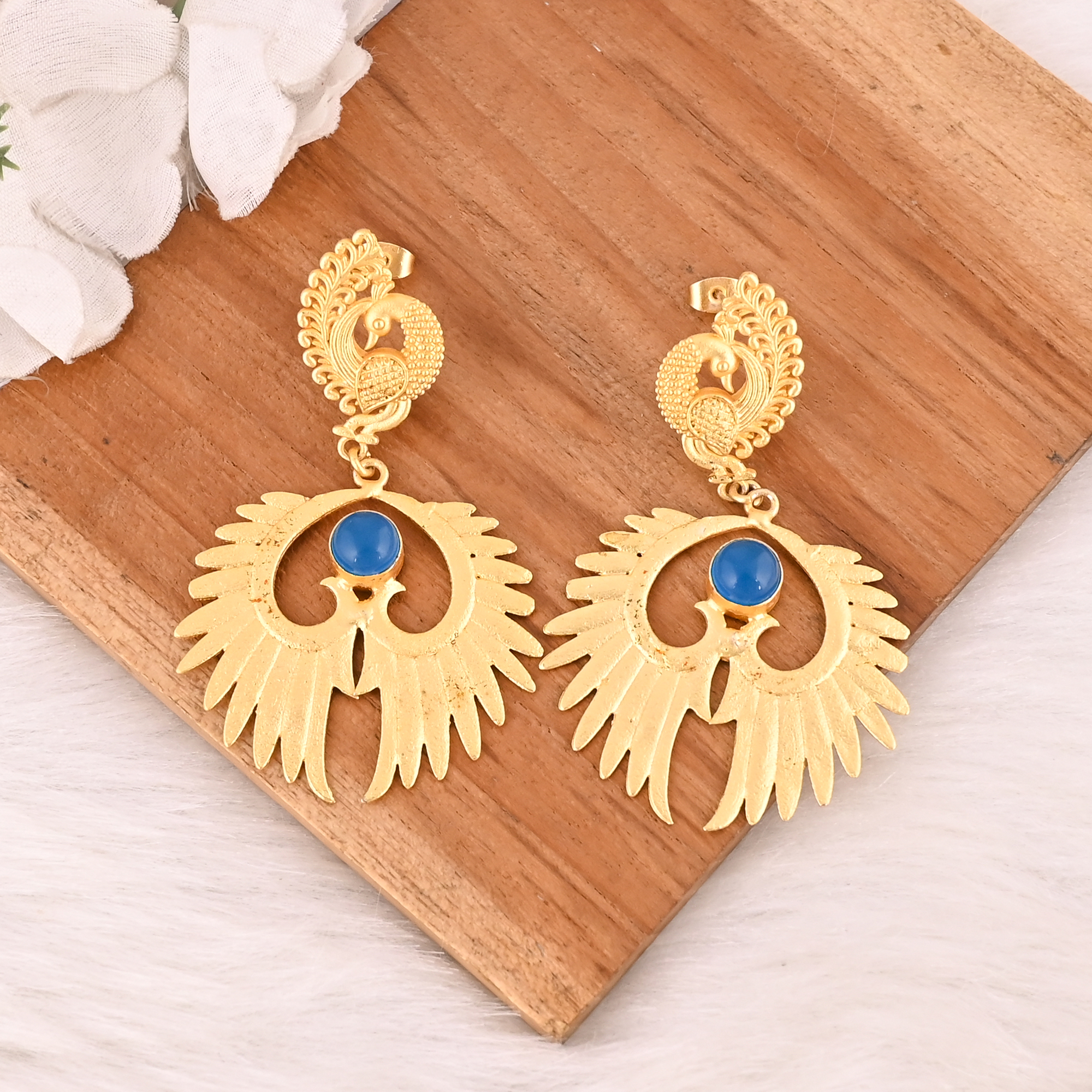 Handmade Blue Chalcedony Gemstone Peacock Design Brass Earrings Fashion Jewelry for Women