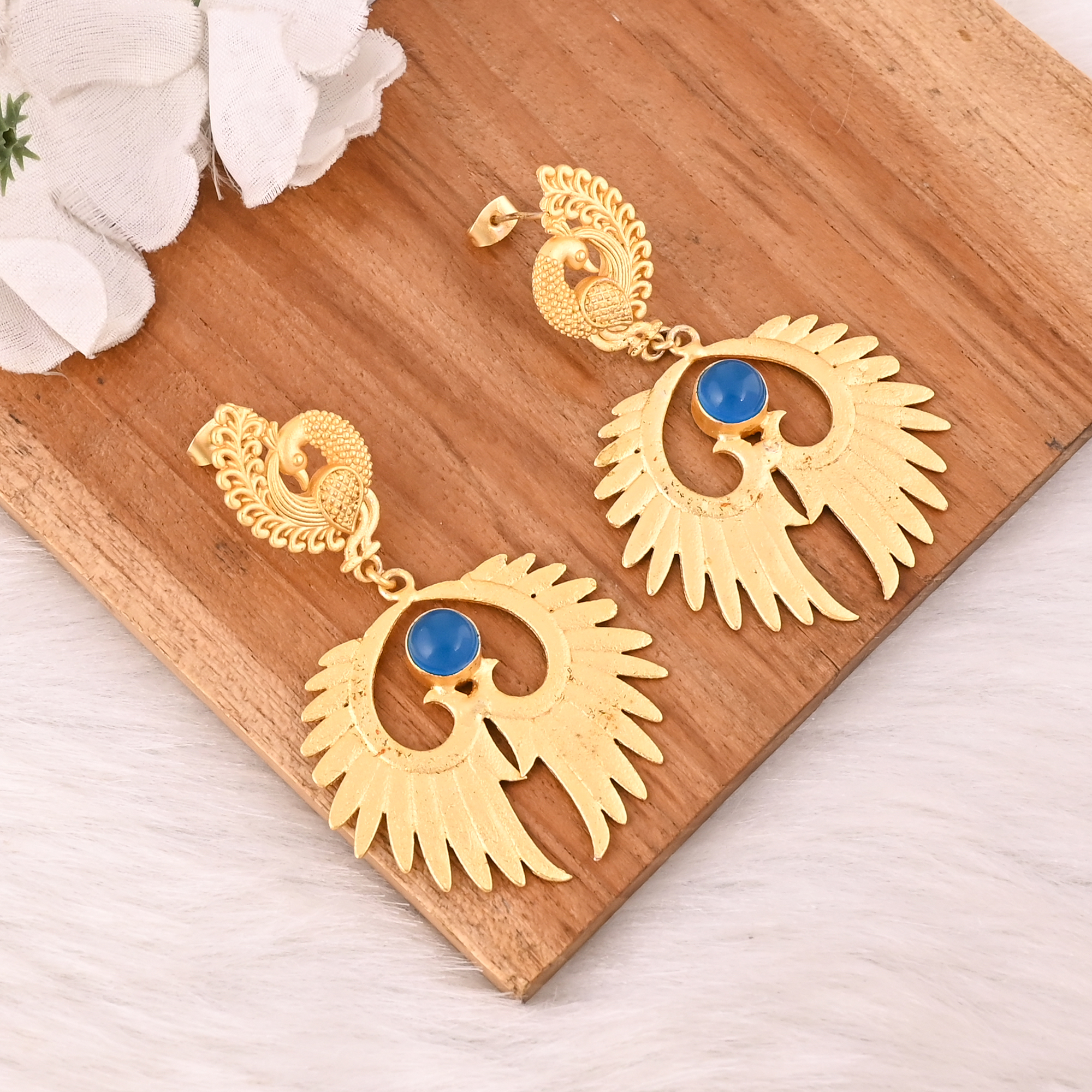 Handmade Blue Chalcedony Gemstone Peacock Design Brass Earrings Fashion Jewelry for Women