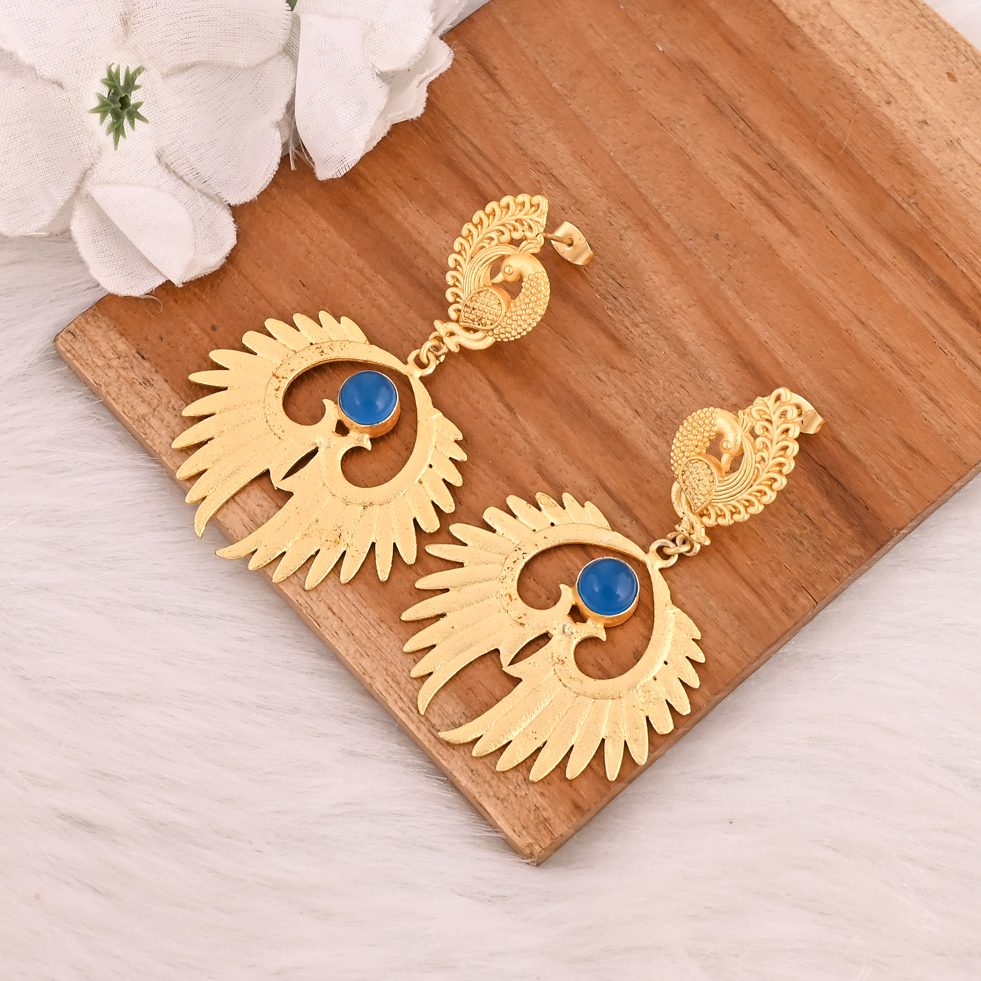 Handmade Blue Chalcedony Gemstone Peacock Design Brass Earrings Fashion Jewelry for Women