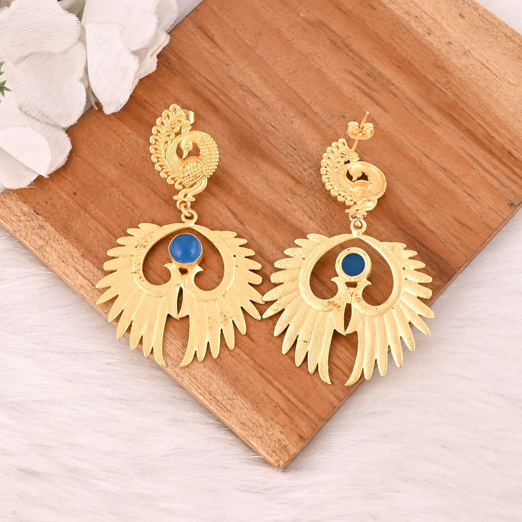 Handmade Blue Chalcedony Gemstone Peacock Design Brass Earrings Fashion Jewelry for Women