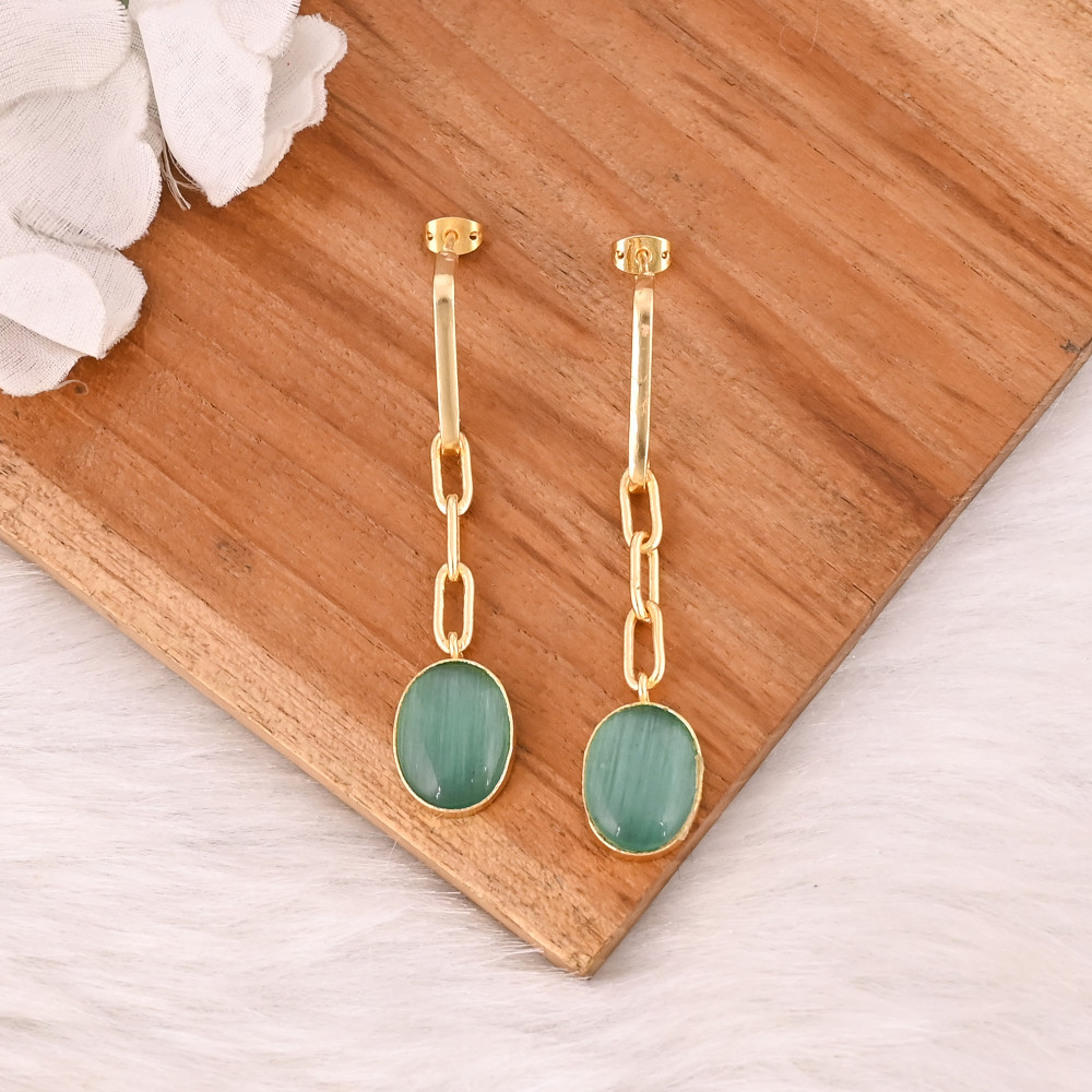 Image of Handmade Green Cat's Eye Gemstone Brass Earrings Trendy Fashion Statement Jewelry for Women