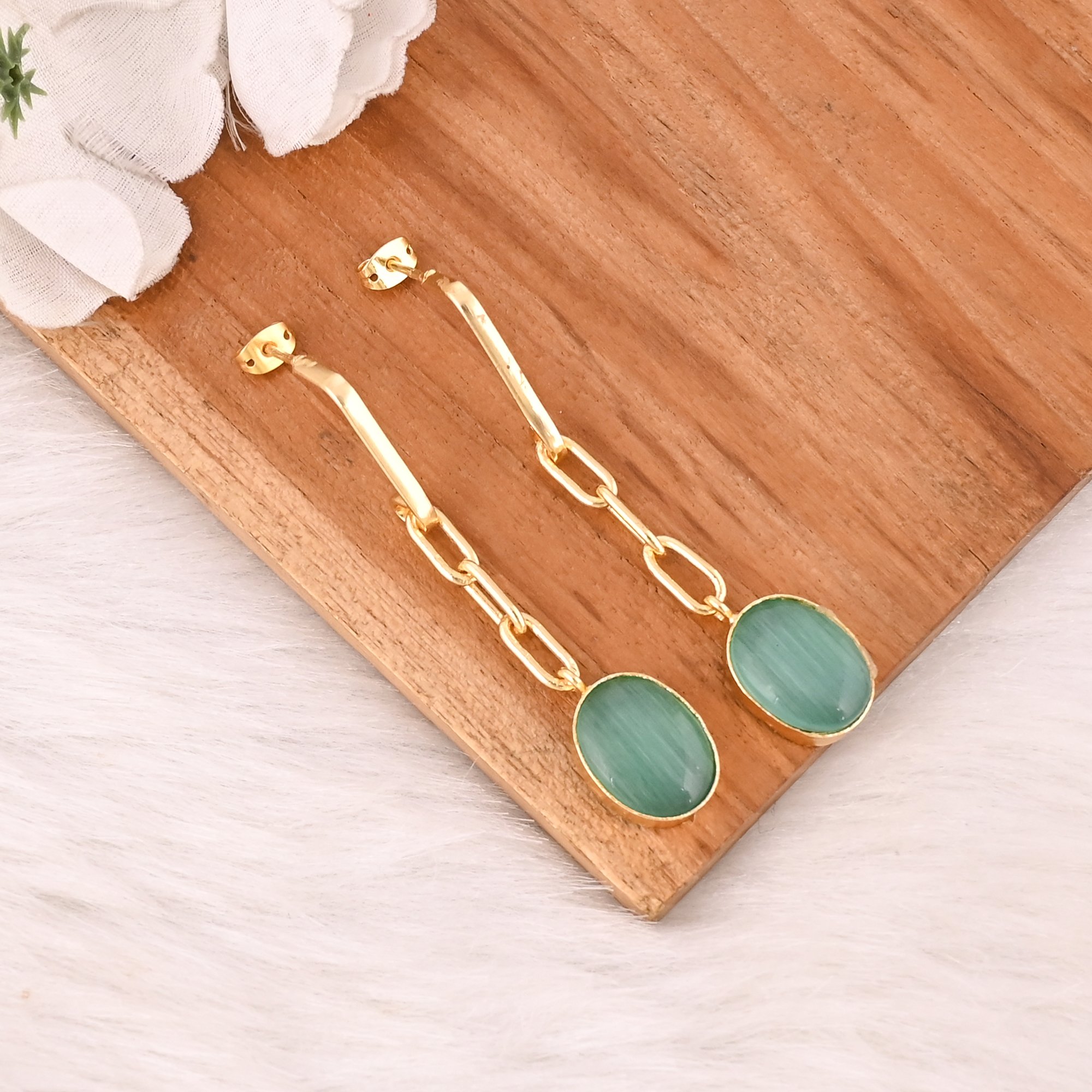 Handmade Green Cats Eye Gemstone Brass Earrings Trendy Fashion Statement Jewelry for Women