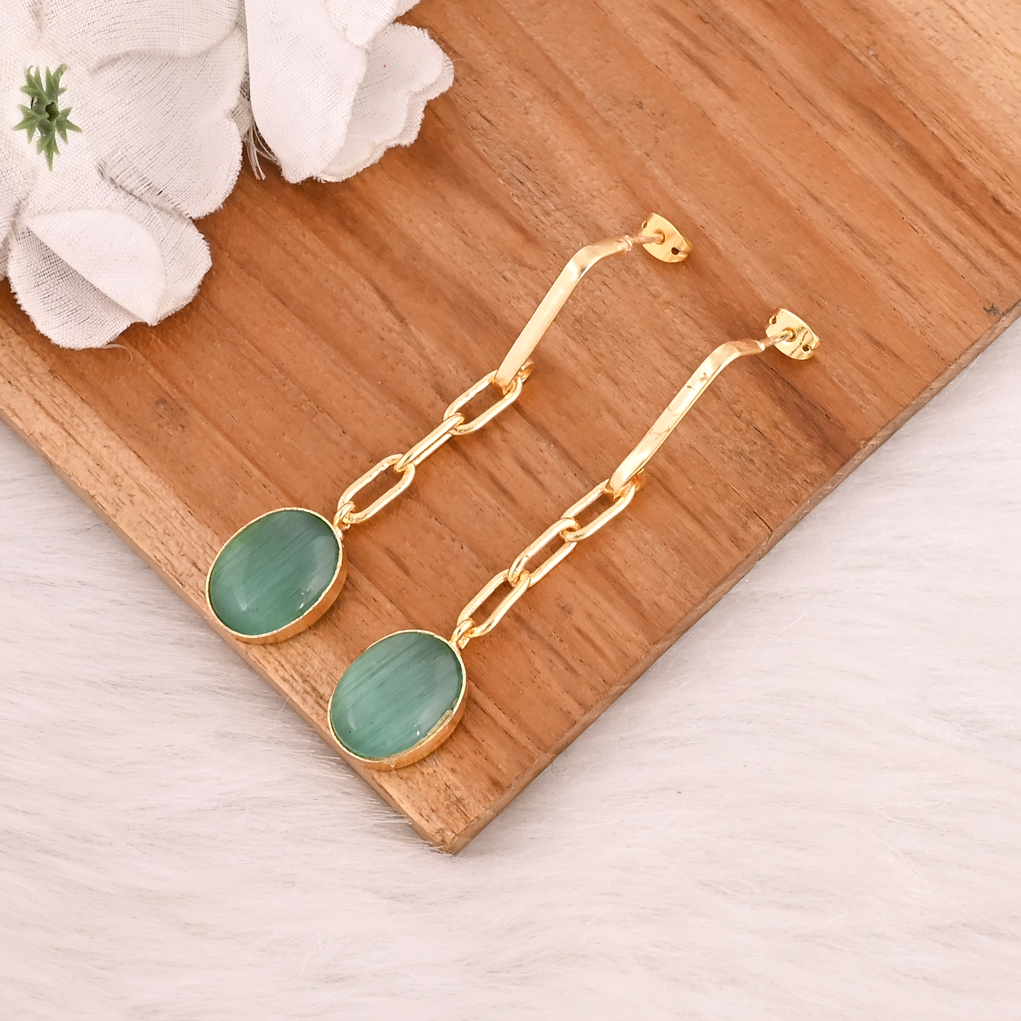 Handmade Green Cats Eye Gemstone Brass Earrings Trendy Fashion Statement Jewelry for Women