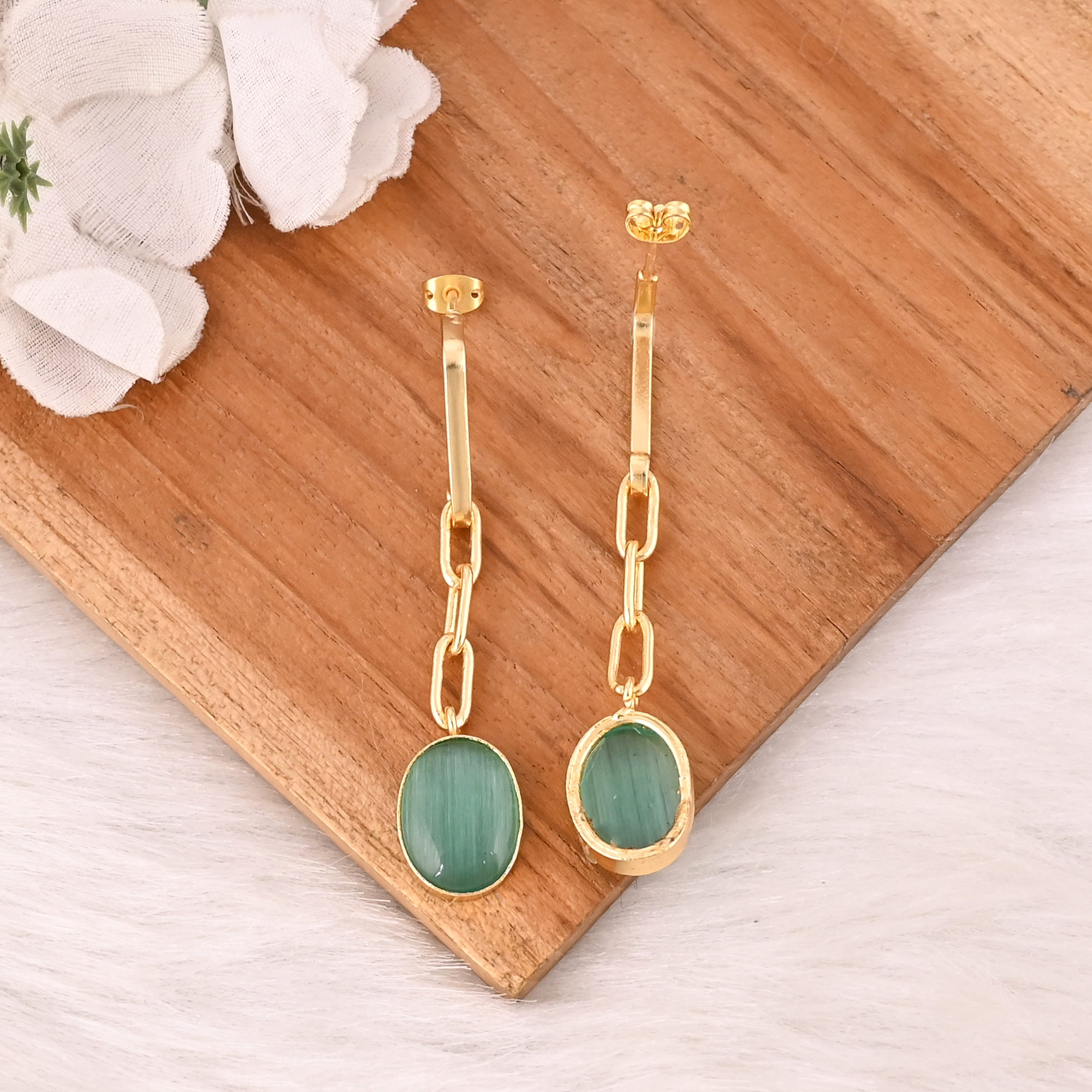 Handmade Green Cats Eye Gemstone Brass Earrings Trendy Fashion Statement Jewelry for Women