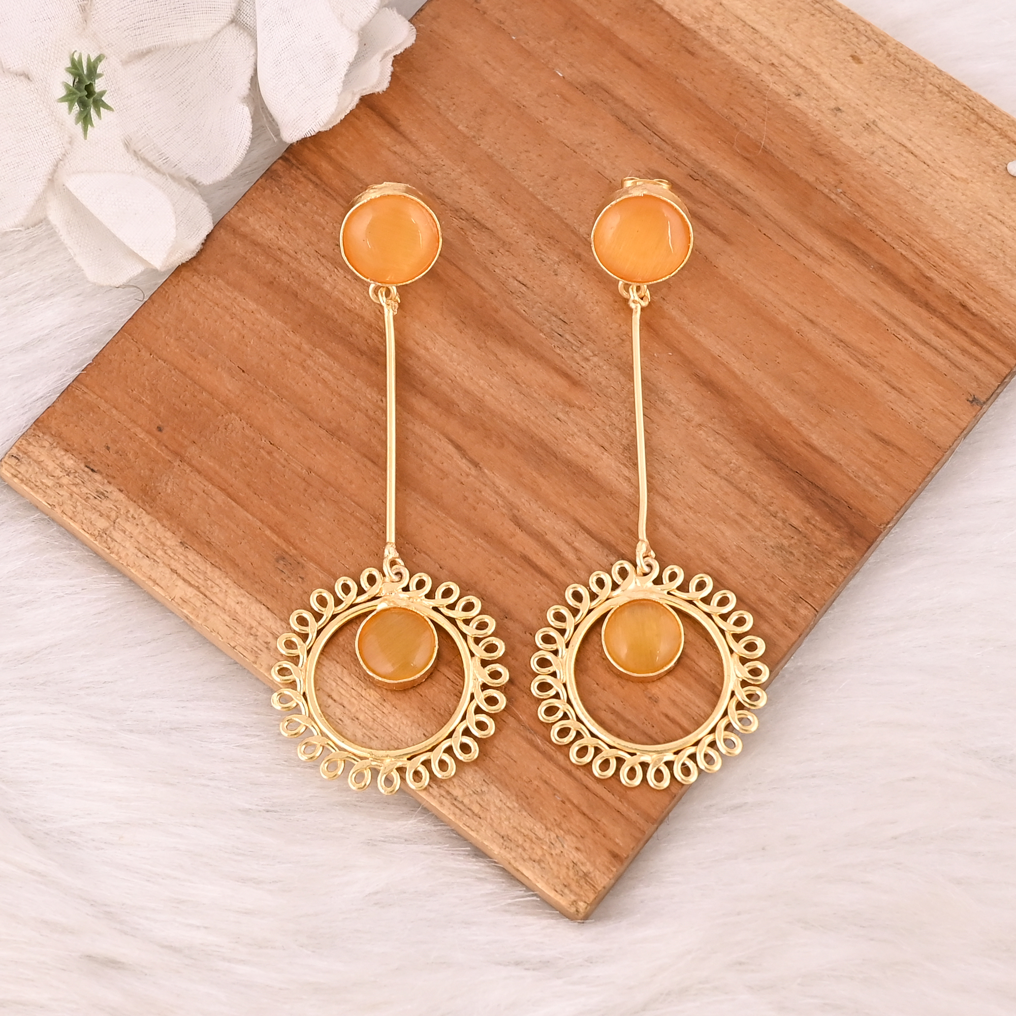 Elegant Yellow Cats Eye Gemstone Earrings Designer Brass Fashion Jewelry for Women
