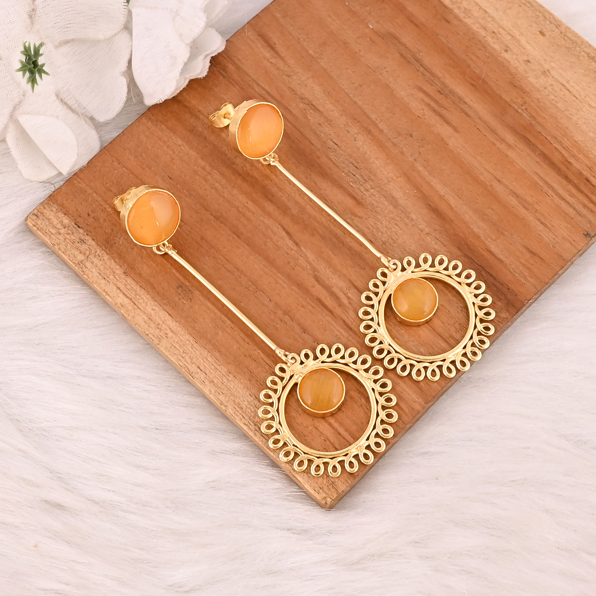 Elegant Yellow Cats Eye Gemstone Earrings Designer Brass Fashion Jewelry for Women