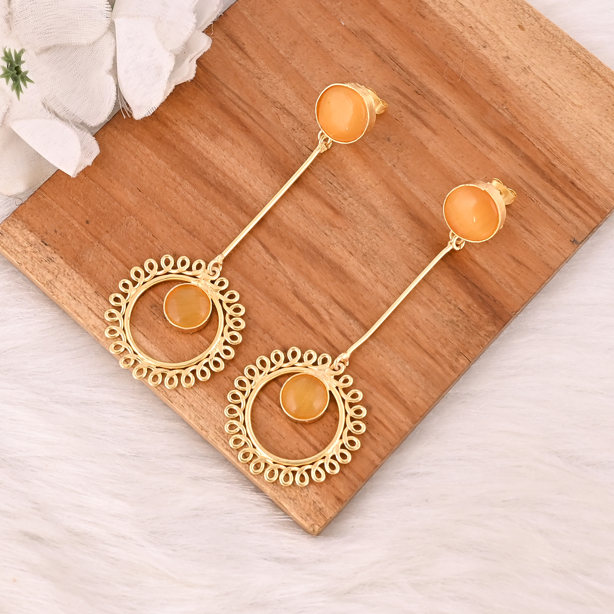 Elegant Yellow Cats Eye Gemstone Earrings Designer Brass Fashion Jewelry for Women