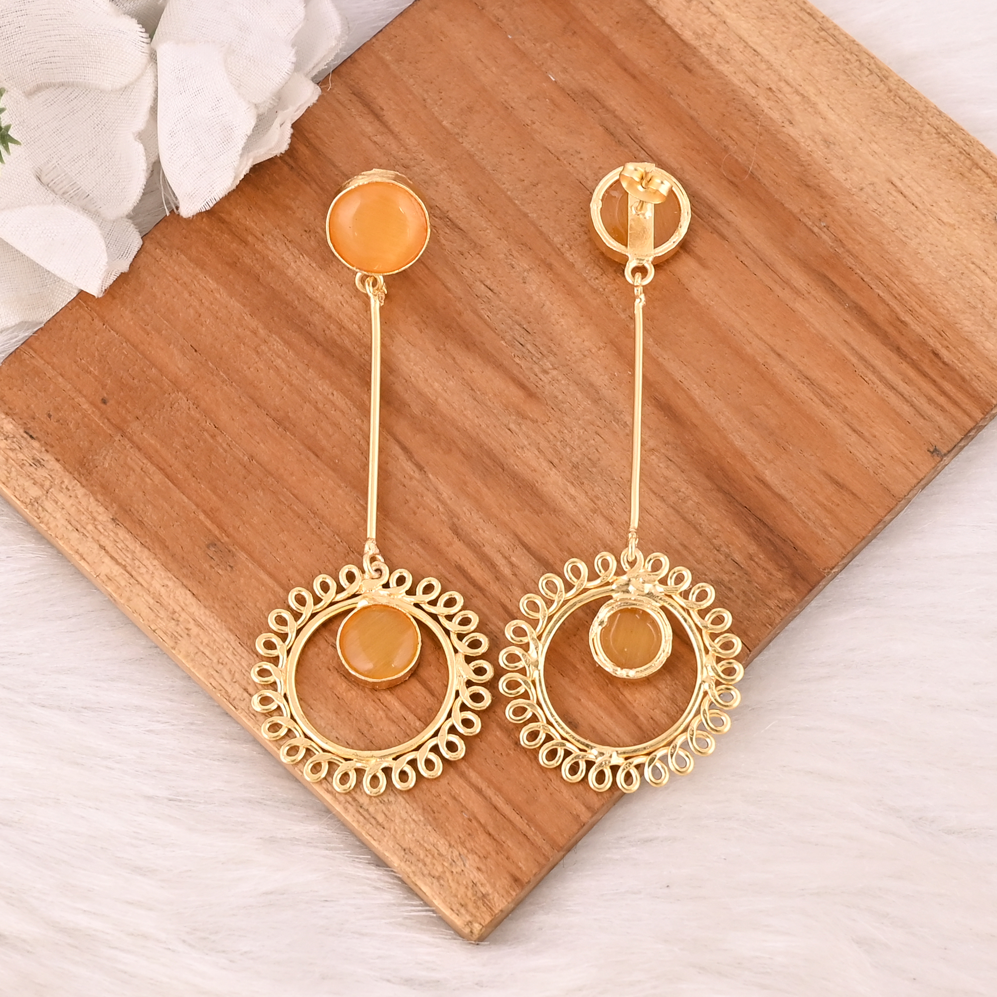 Elegant Yellow Cats Eye Gemstone Earrings Designer Brass Fashion Jewelry for Women