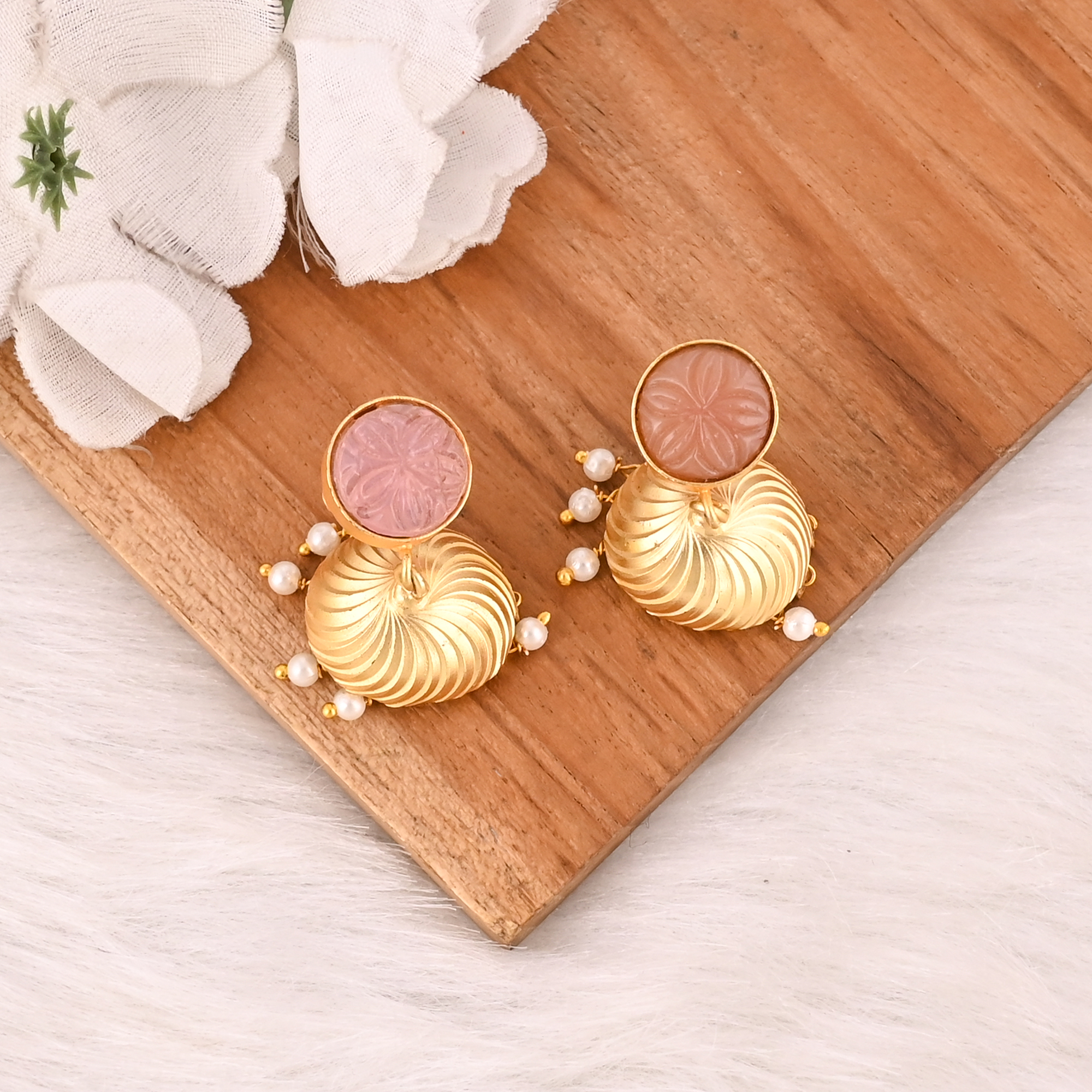 Handmade Rose Chalcedony  Pearl Gemstone Brass Earrings Fashion Jewelry for Women