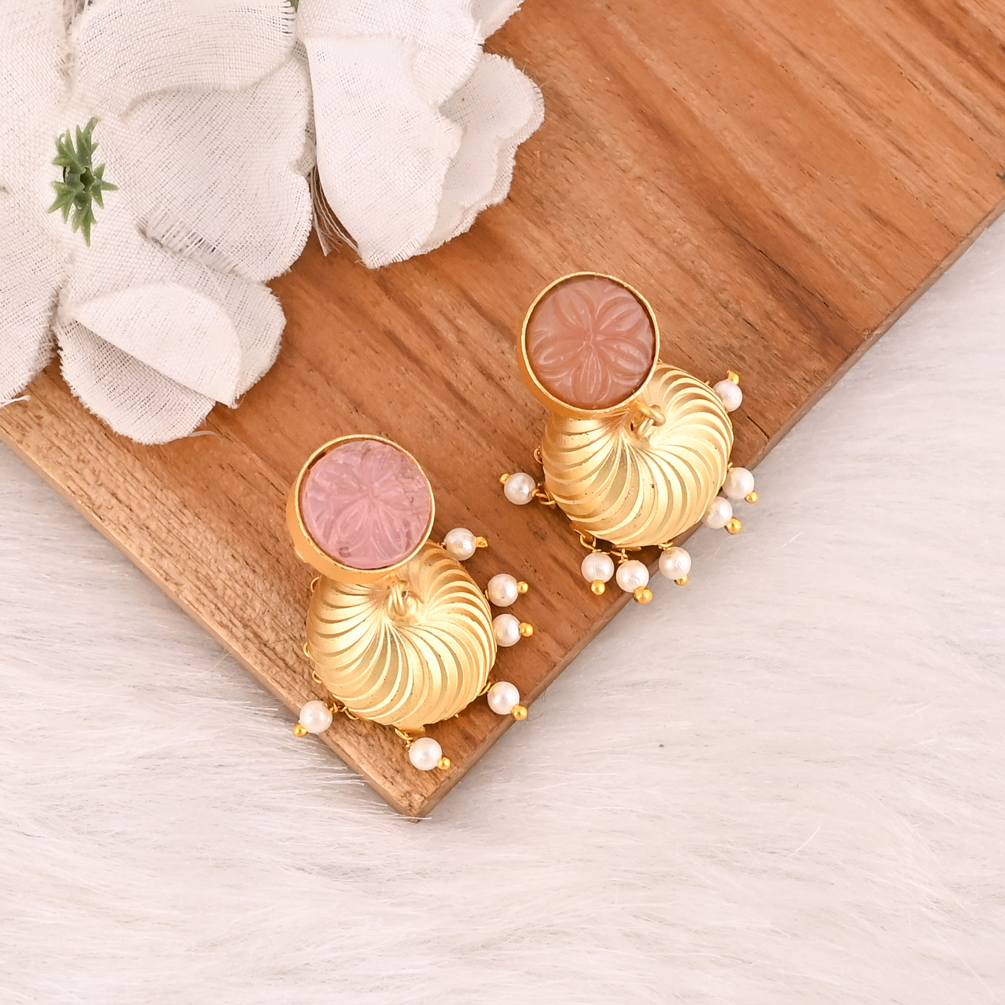 Handmade Rose Chalcedony  Pearl Gemstone Brass Earrings Fashion Jewelry for Women