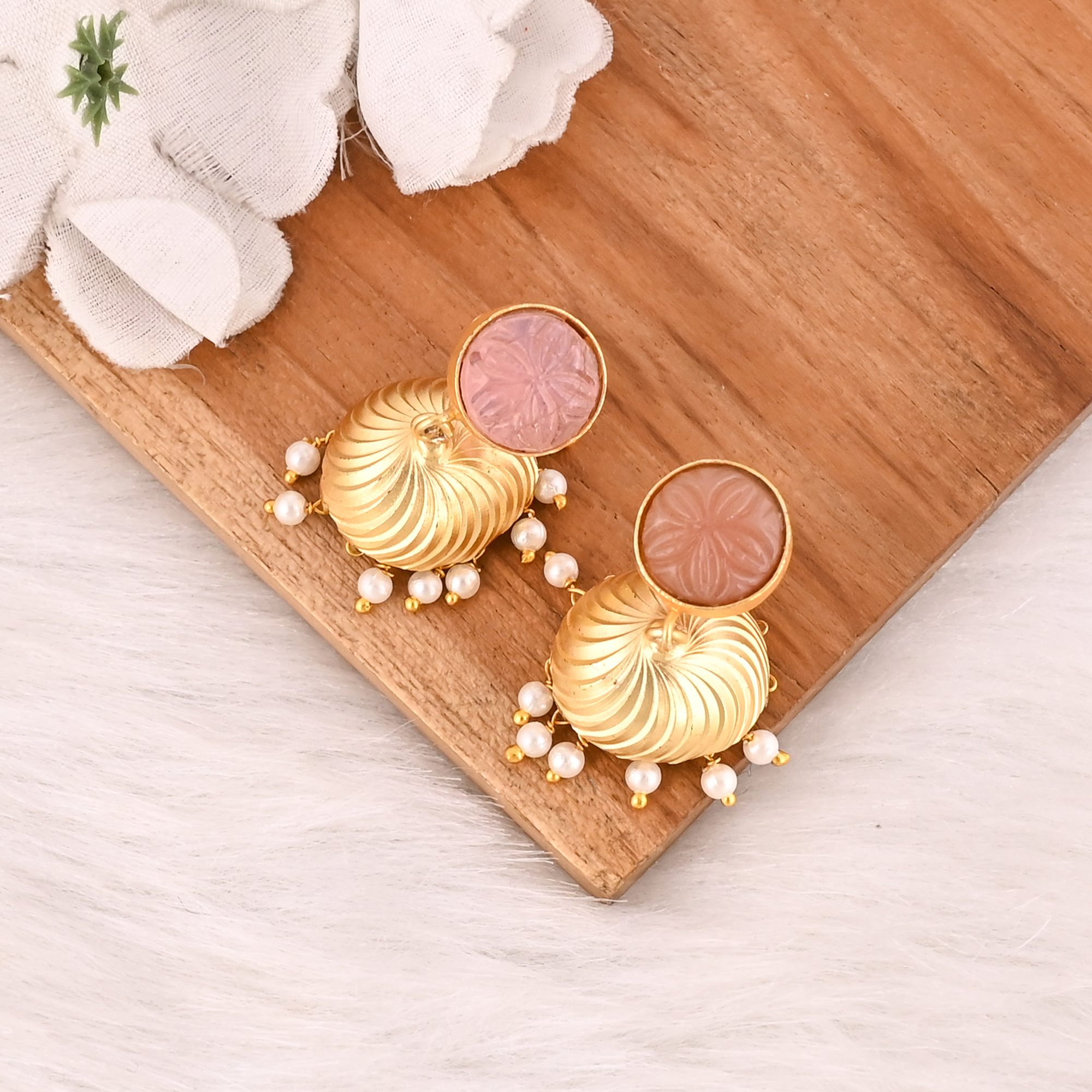 Handmade Rose Chalcedony  Pearl Gemstone Brass Earrings Fashion Jewelry for Women