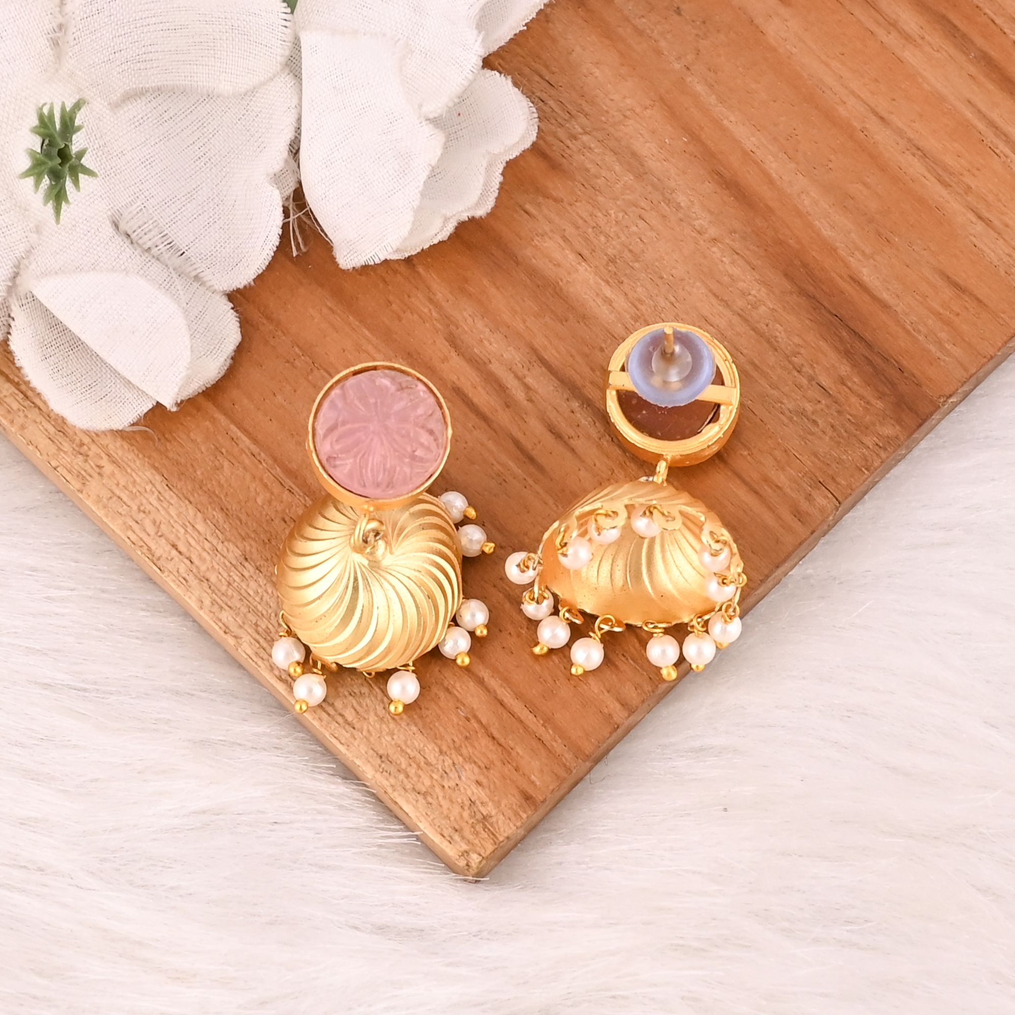 Handmade Rose Chalcedony  Pearl Gemstone Brass Earrings Fashion Jewelry for Women