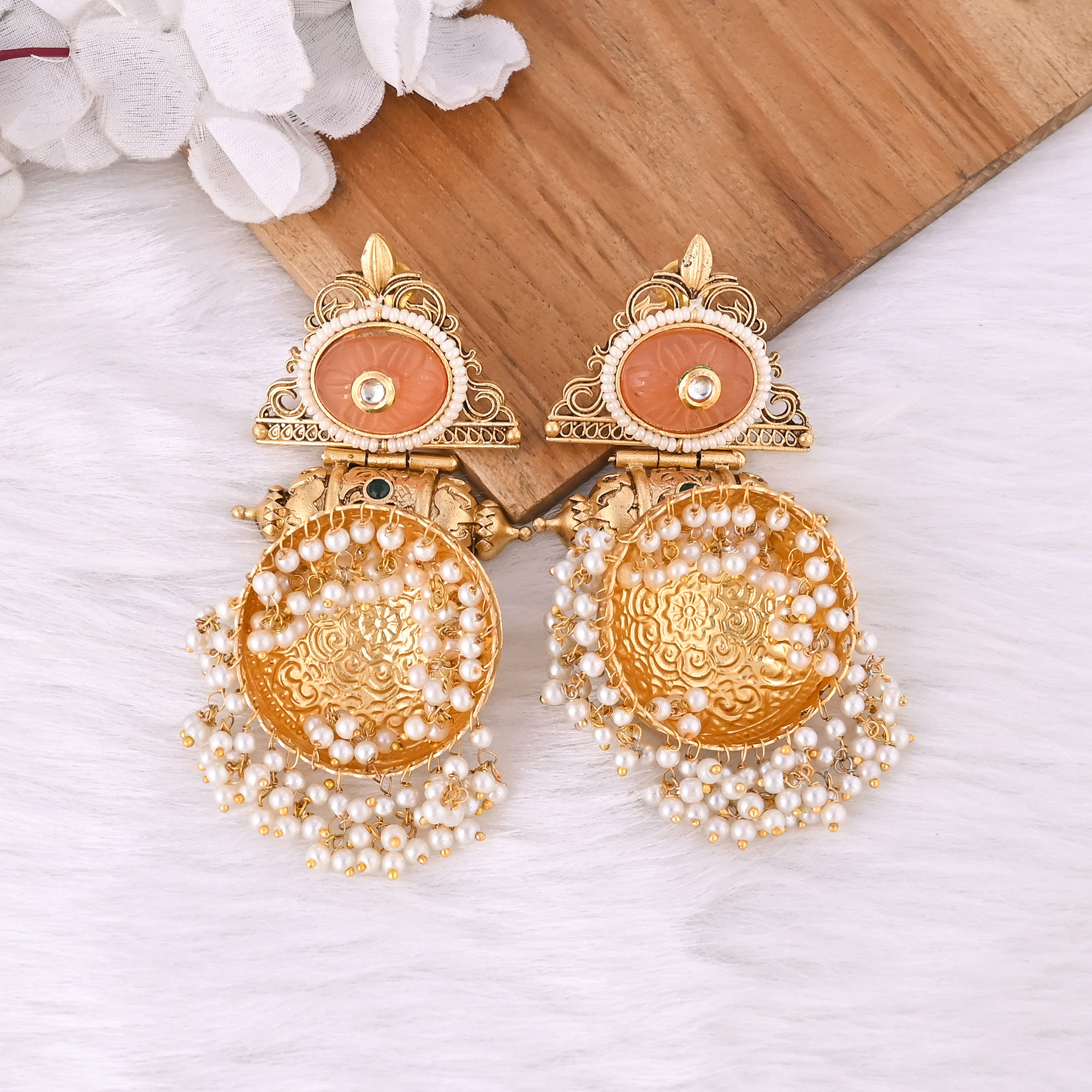 Indian Wedding Brass Gold Finish Dangler Jhumka Earring Unique Gifts Fusion Jewelry Heavy Earrings Bollywood Jewelry