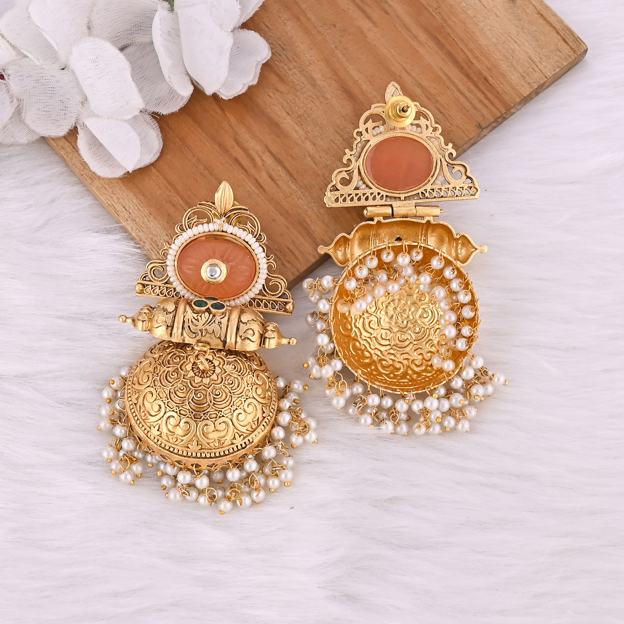 Indian Wedding Brass Gold Finish Dangler Jhumka Earring Unique Gifts Fusion Jewelry Heavy Earrings Bollywood Jewelry