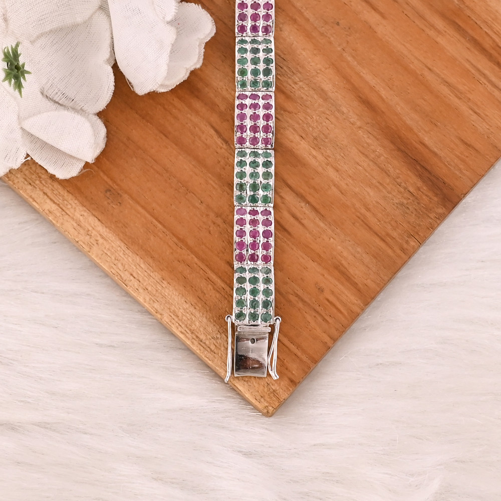 Image of Premium 925 Sterling Silver Ruby and Emerald Tennis Bracelet Luxury Gemstone Jewelry for Unisex