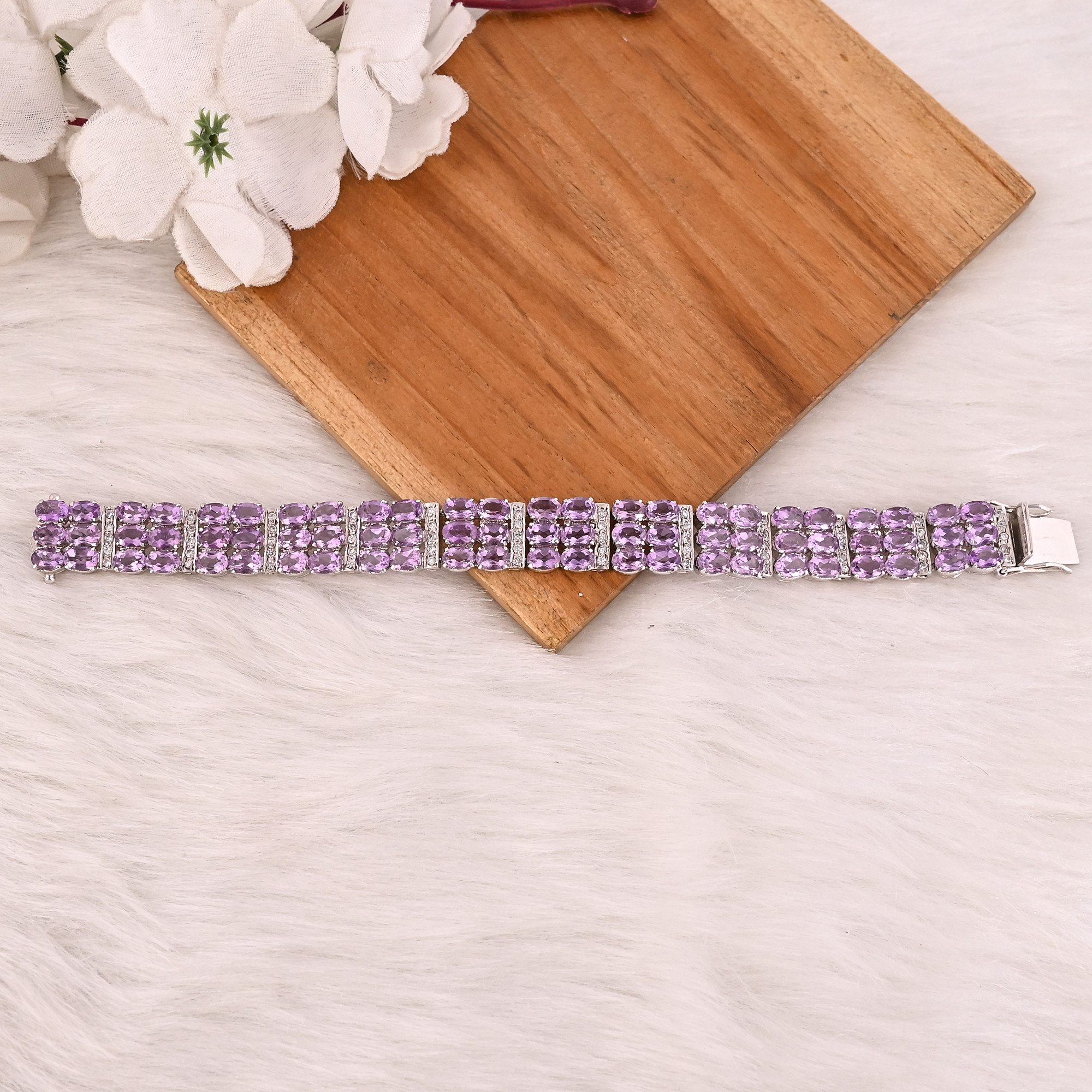 Luxury 925 Sterling Silver Natural Amethyst  CZ Tennis Bracelet Designer Gemstone Jewelry Unisex