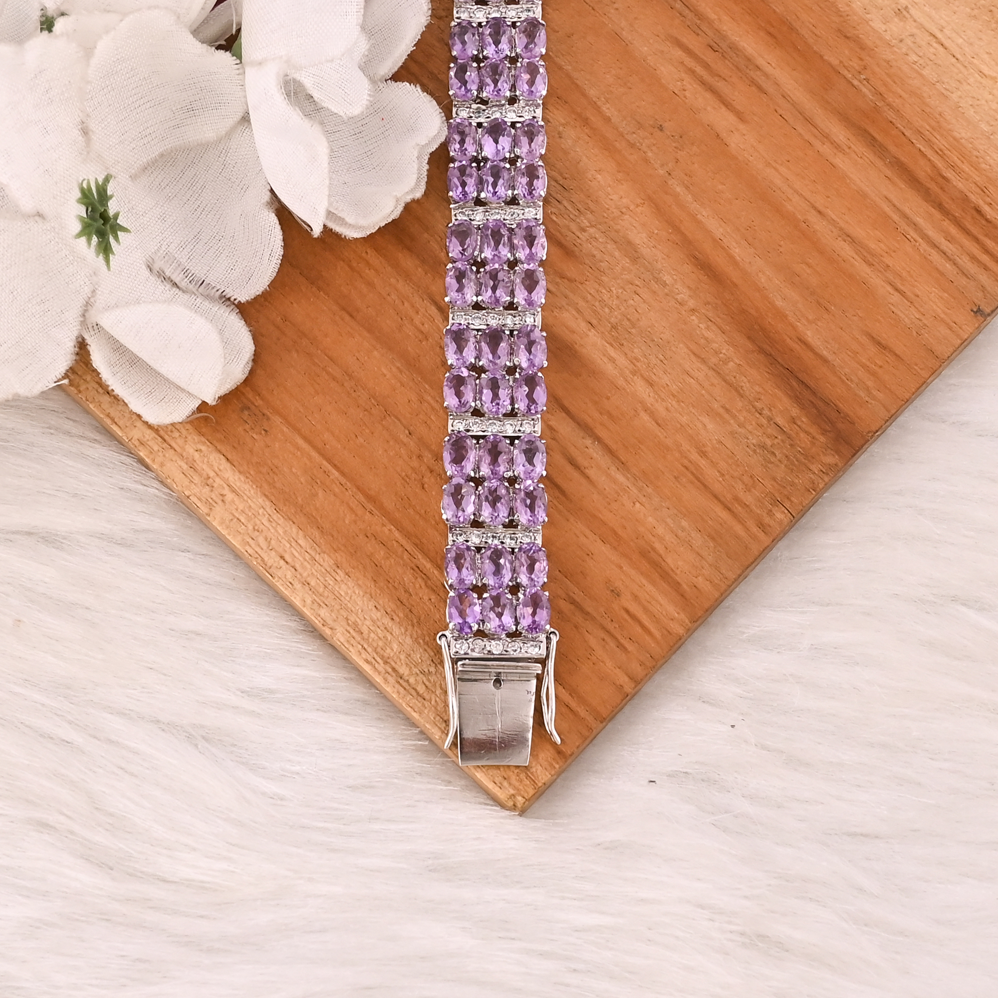 Luxury 925 Sterling Silver Natural Amethyst  CZ Tennis Bracelet Designer Gemstone Jewelry Unisex