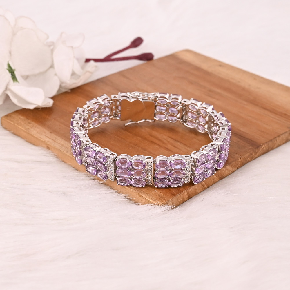 Image of Luxury 925 Sterling Silver Natural Amethyst &amp; CZ Tennis Bracelet Designer Gemstone Jewelry Unisex