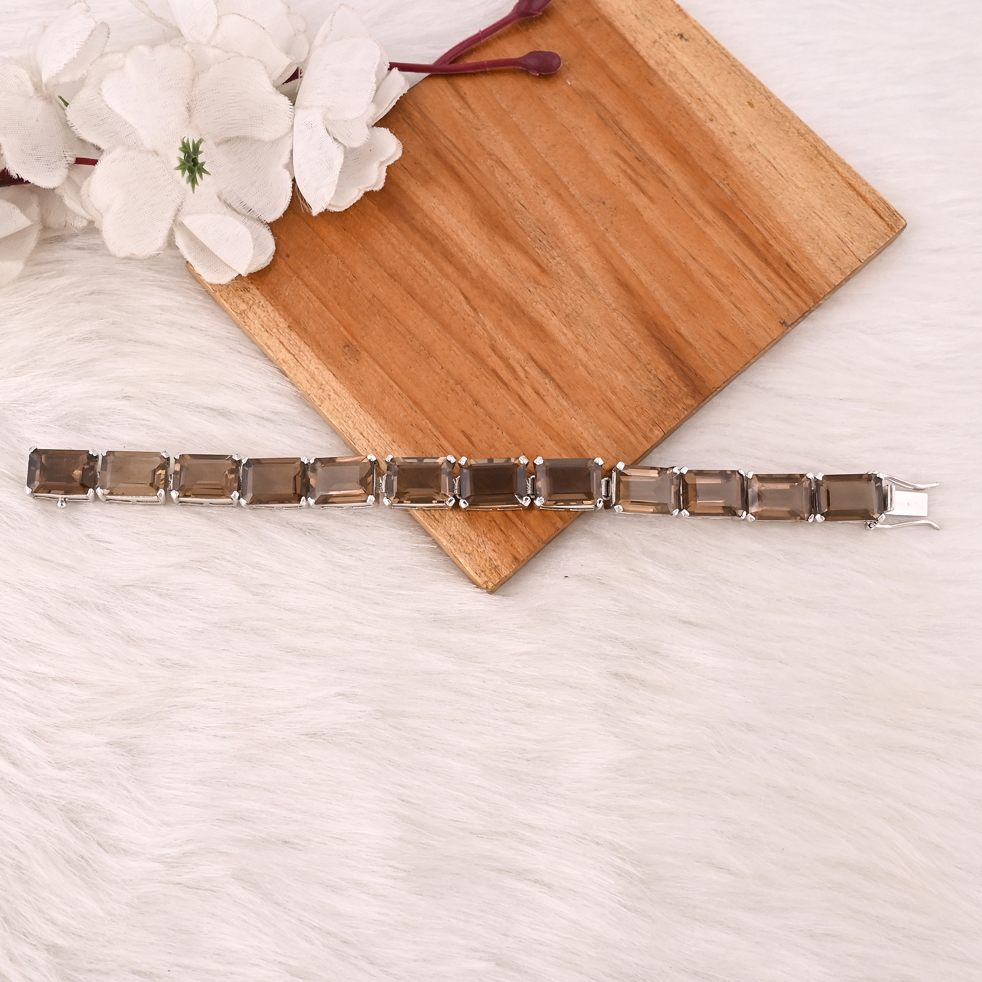 Luxury Natural Smoky Quartz 925 Sterling Silver Tennis Bracelet Jewelry for Unisex