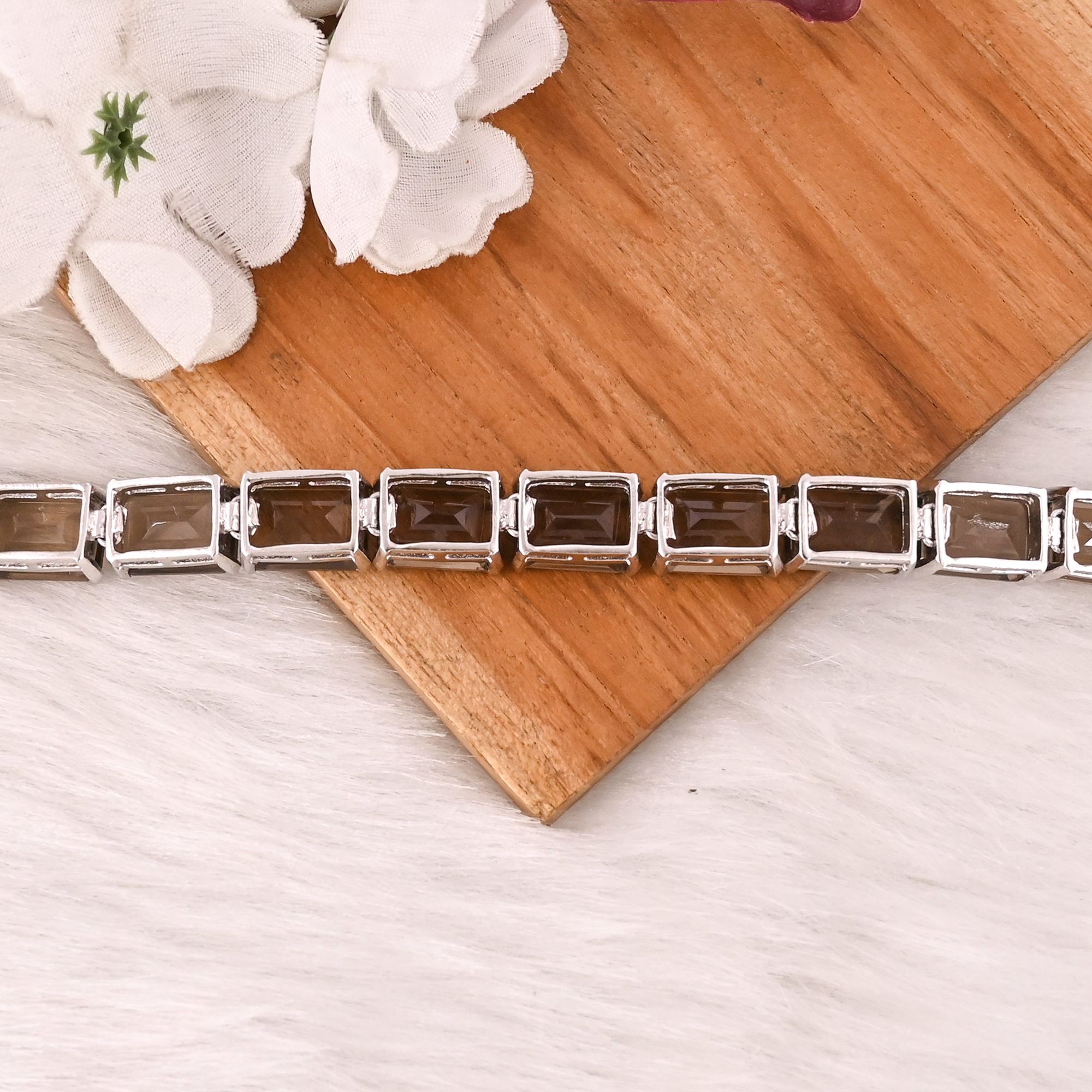Luxury Natural Smoky Quartz 925 Sterling Silver Tennis Bracelet Jewelry for Unisex