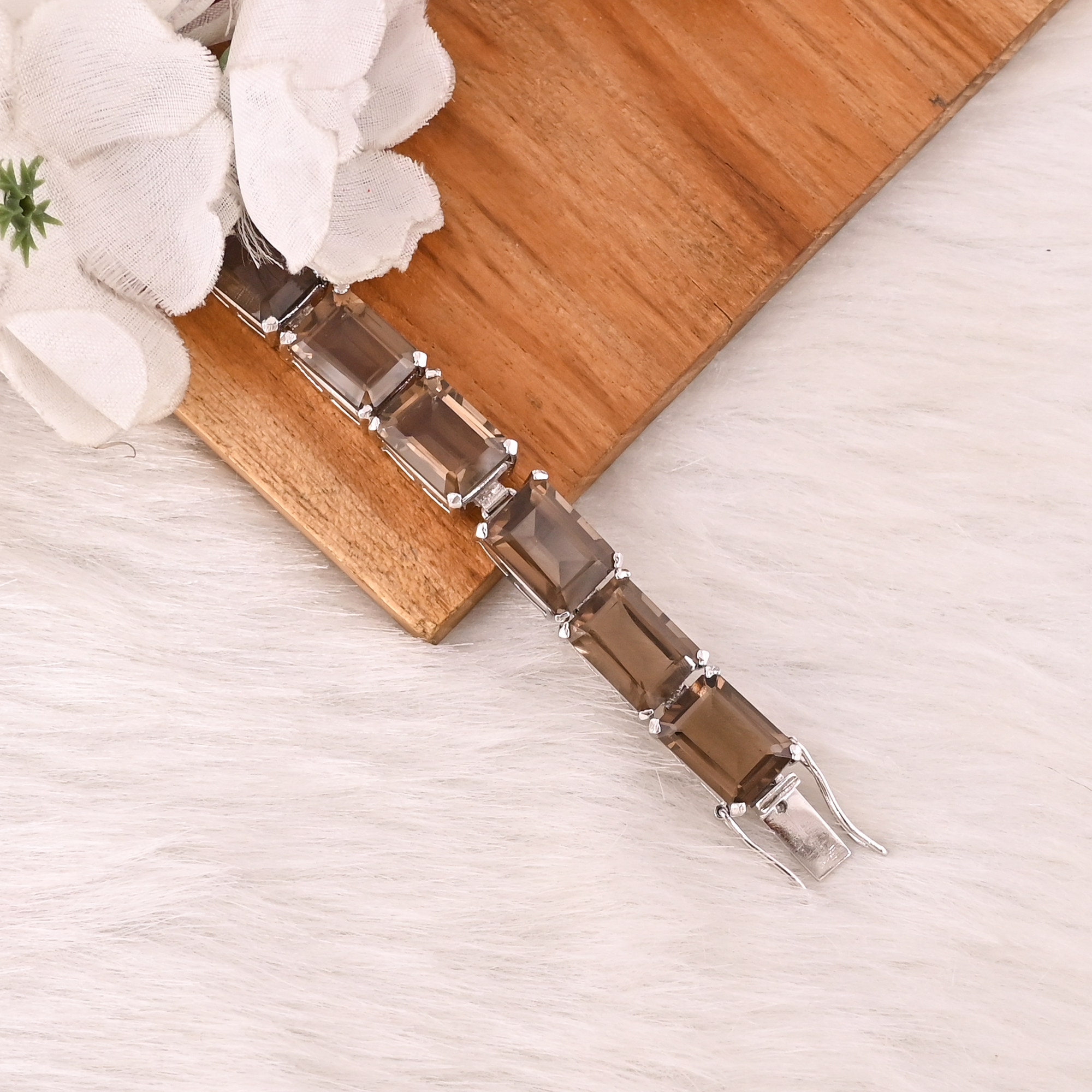 Luxury Natural Smoky Quartz 925 Sterling Silver Tennis Bracelet Jewelry for Unisex