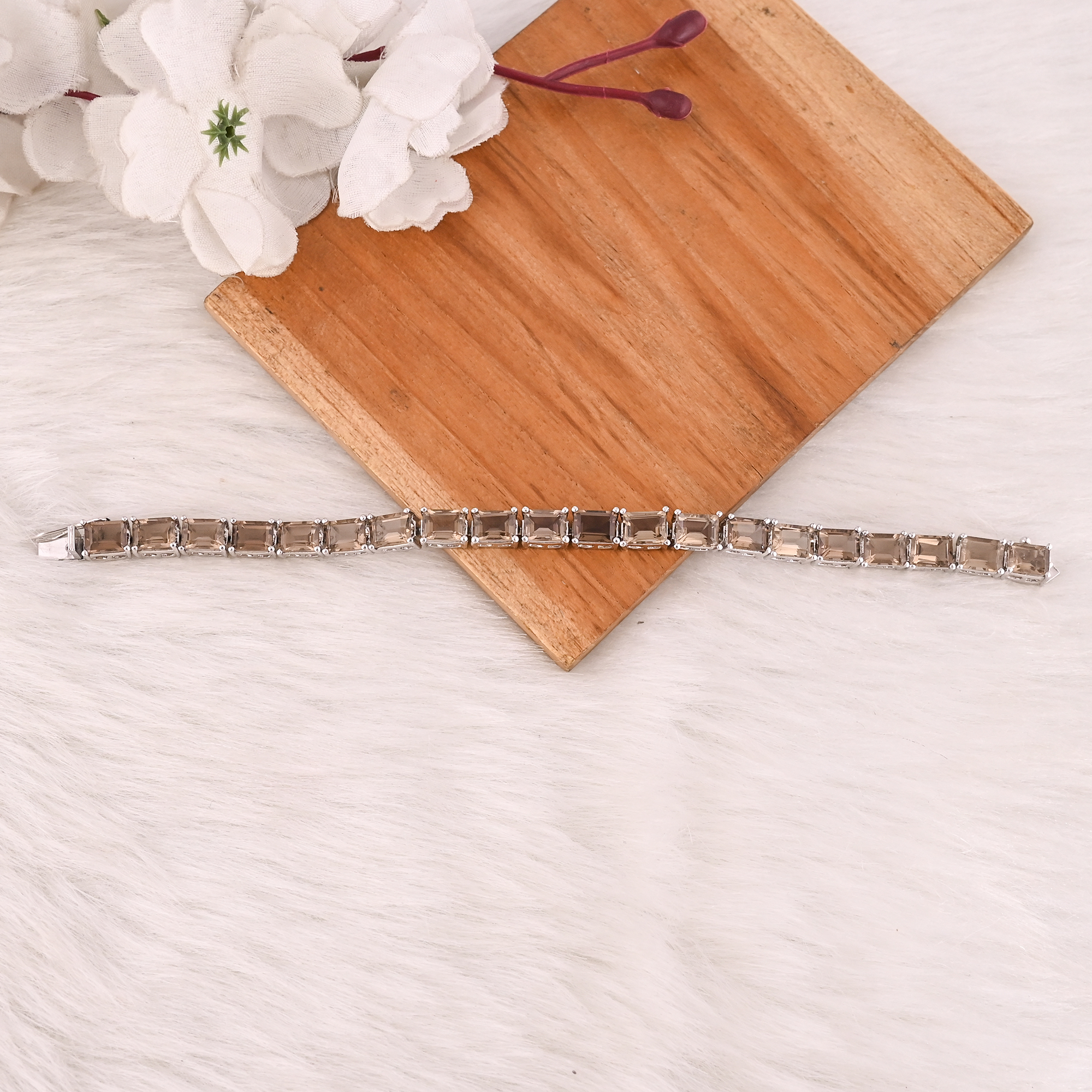 Luxury Natural Smoky Quartz 925 Sterling Silver Tennis Bracelet Jewelry for Unisex